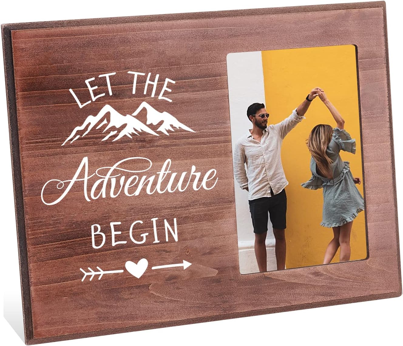 FINGERINSPIRE 4x6 Inch Let The Adventure Begin Picture Frame Romantic Love Photo Frame with Snow Mountain & Love Arrow Pattern Saddle Brown Wood Photo Frame Gift for Couples Boyfriend Girlfriend