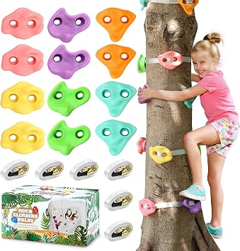 TOPNEW 12 Ninja Tree Climbing Holds for Kids Climber، Tree Climbing Kit with 6 Ratchet Straps for Outdoor Ninja Warrior Obstacle Course Training، Pastel Color