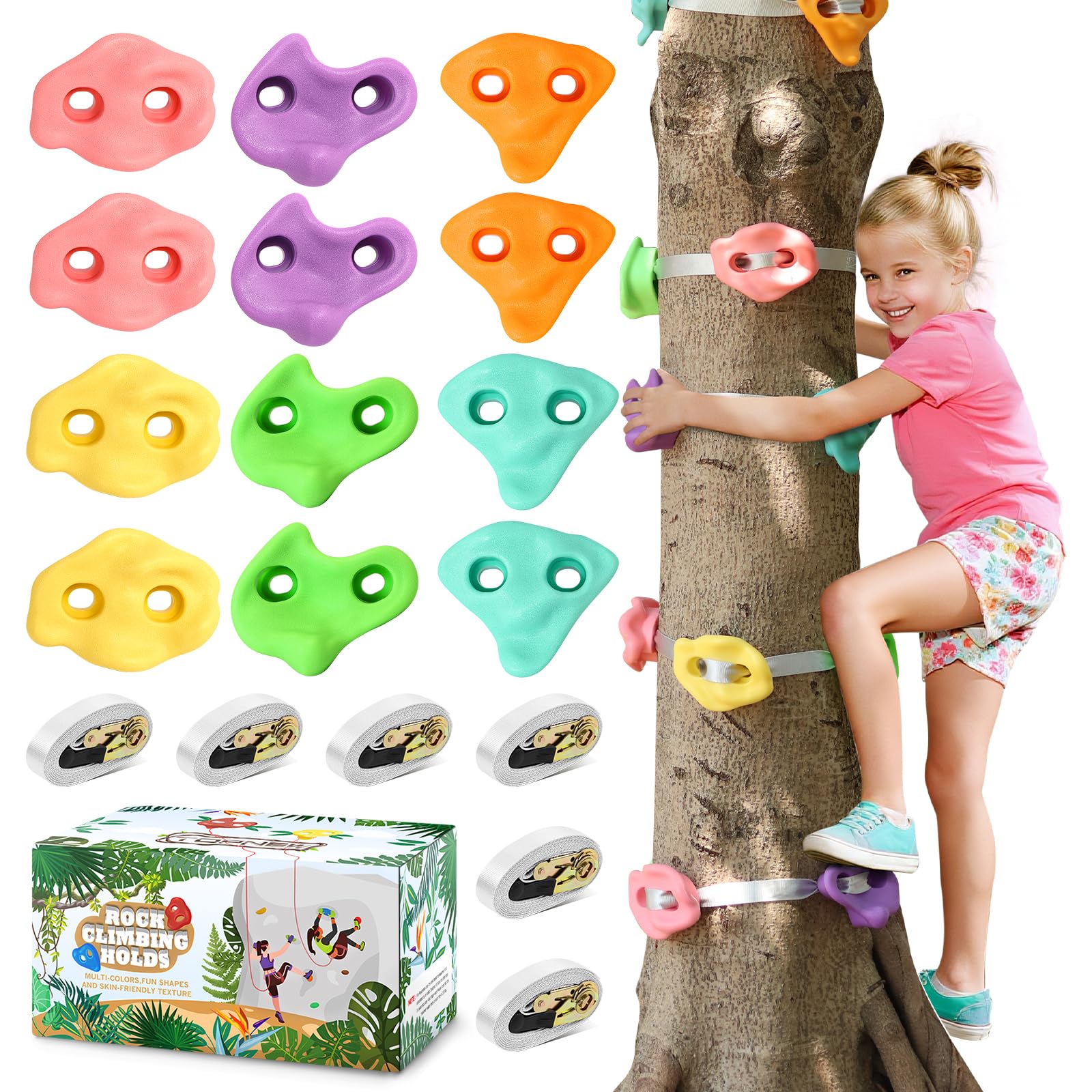 TOPNEW 12 Ninja Tree Climbing Holds for Kids Climber, Tree Climbing Kit with 6 Ratchet Straps for Outdoor Ninja Warrior Obstacle Course Training,