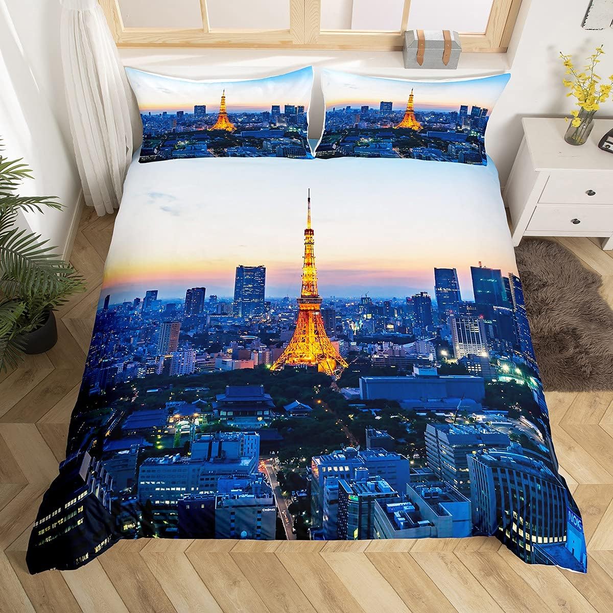 Loussiesd Boys Girls Duvet Cover Set King for Kids Teens Eiffel Tower Bedding Set 3D France Paris Landmarks Print Bed Cover Decorative Modern Cityscape Bedspread Cover Zipper Soft Gold Blue - Image 4