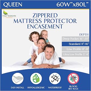 FourSeasonsEssentials Queen Mattress Encasement Waterproof Bed Bug Proof Zippered 6-Sided Protector Hypoallergenic White