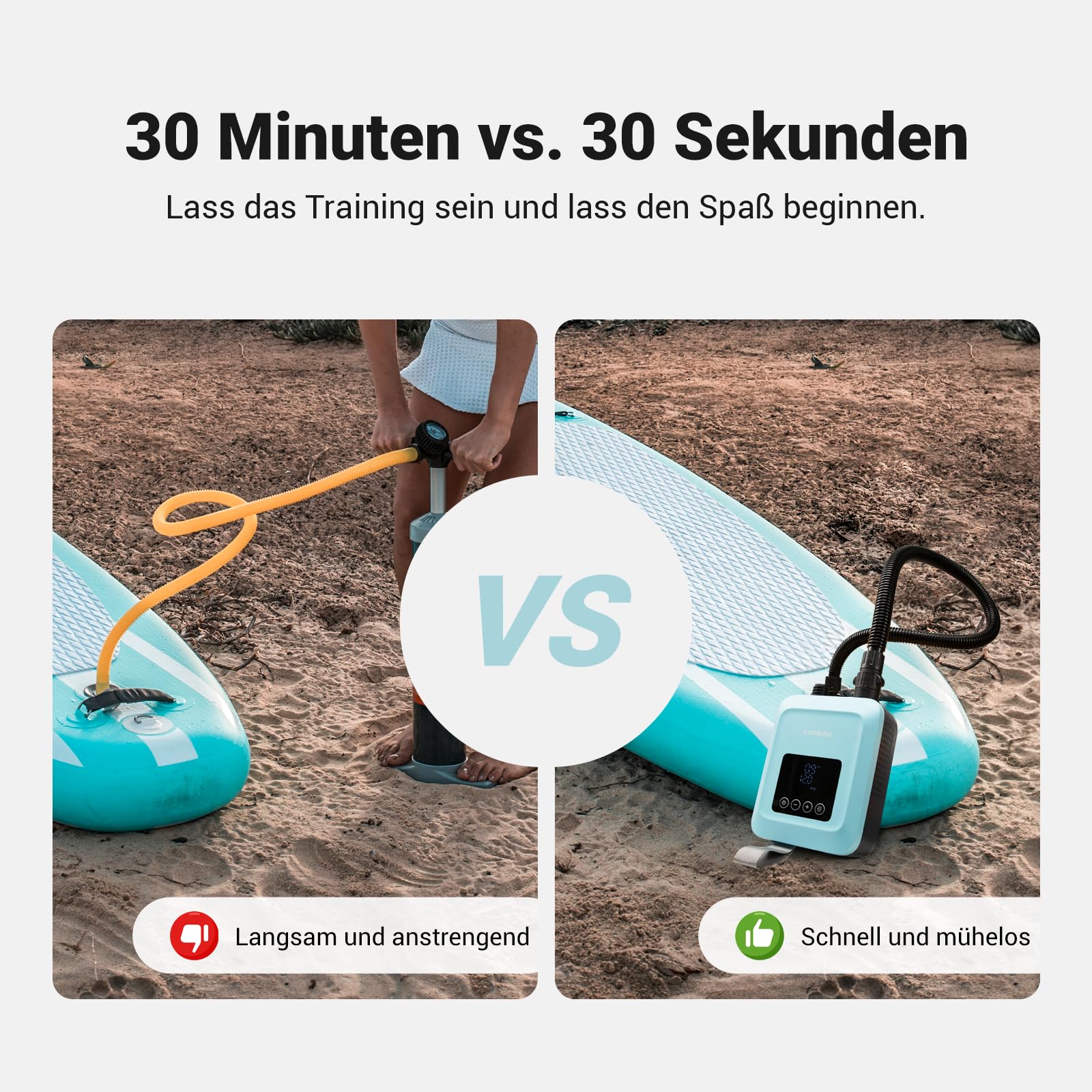 CooSpo Elektrische SUP-Luftpumpe, 20 PSI Hochdruck-Elektropumpe, mit wiederaufladbarem Akku (59,2/44.4 Wh), geräuscharm, Zwei Aufpumpmodi für Kajaks und Paddleboards