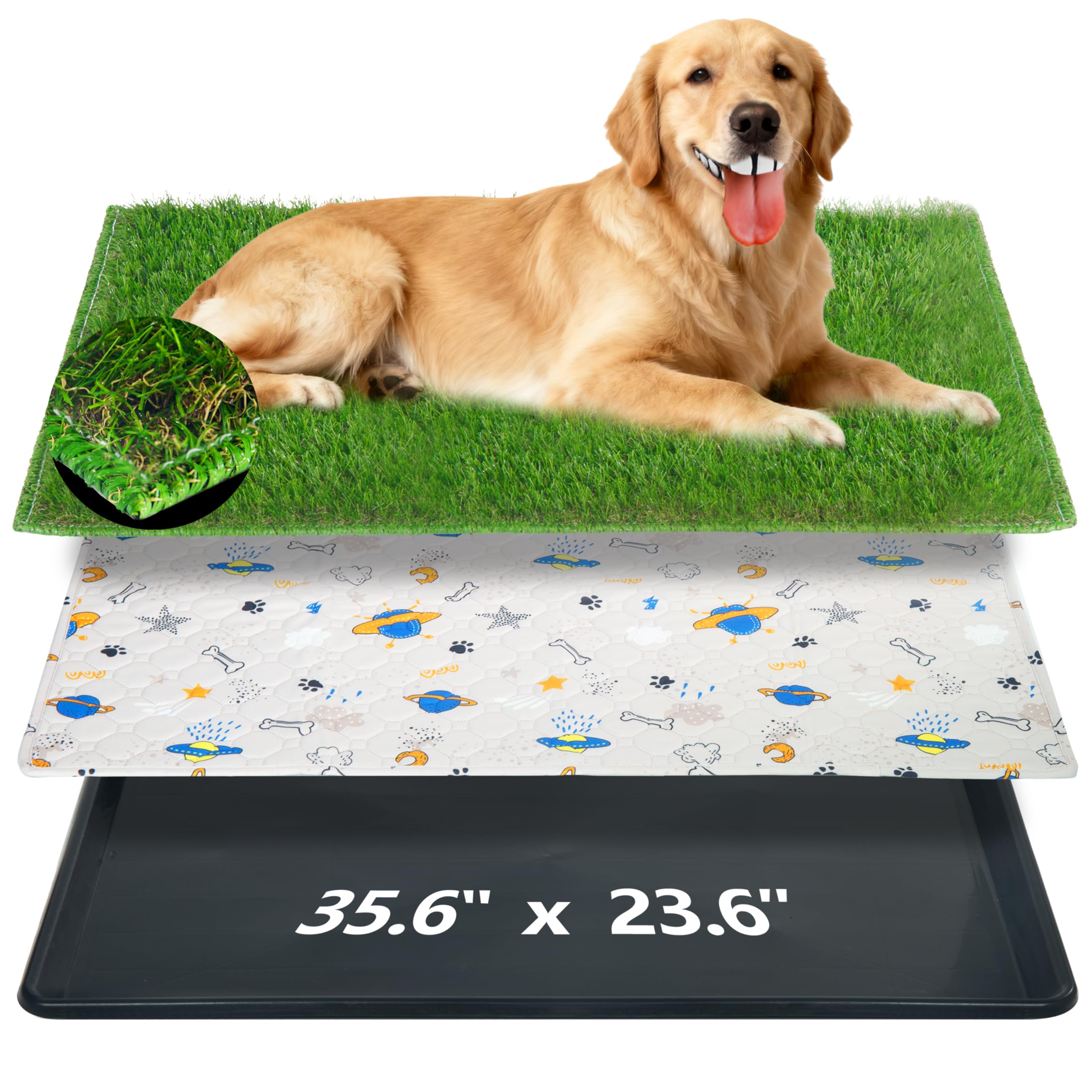 Reusable Dog Loo System with Artificial Grass Turf&Pee Pads&Tray, for Puppy Potty Training is Portable&Easy to Clean,35x23in Large Dog Litter Box Toilet for Indoor/Outdoor use-Large