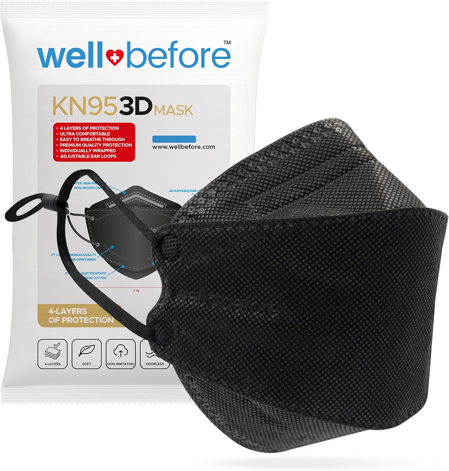 Well Before KN95 Face Masks 10 Pack, Comfortable, Disposable with Adjustable Ear Loops KN95 Mask, 3D KN95 Mask