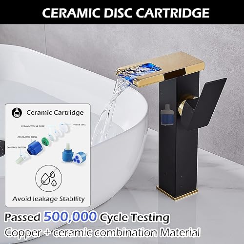 Miniatura 6 de Grifo de lavabo de cascada dorado negro con un solo orificio con drenaje desplegable sin desbordamiento y líneas de suministro, grifos de baño,