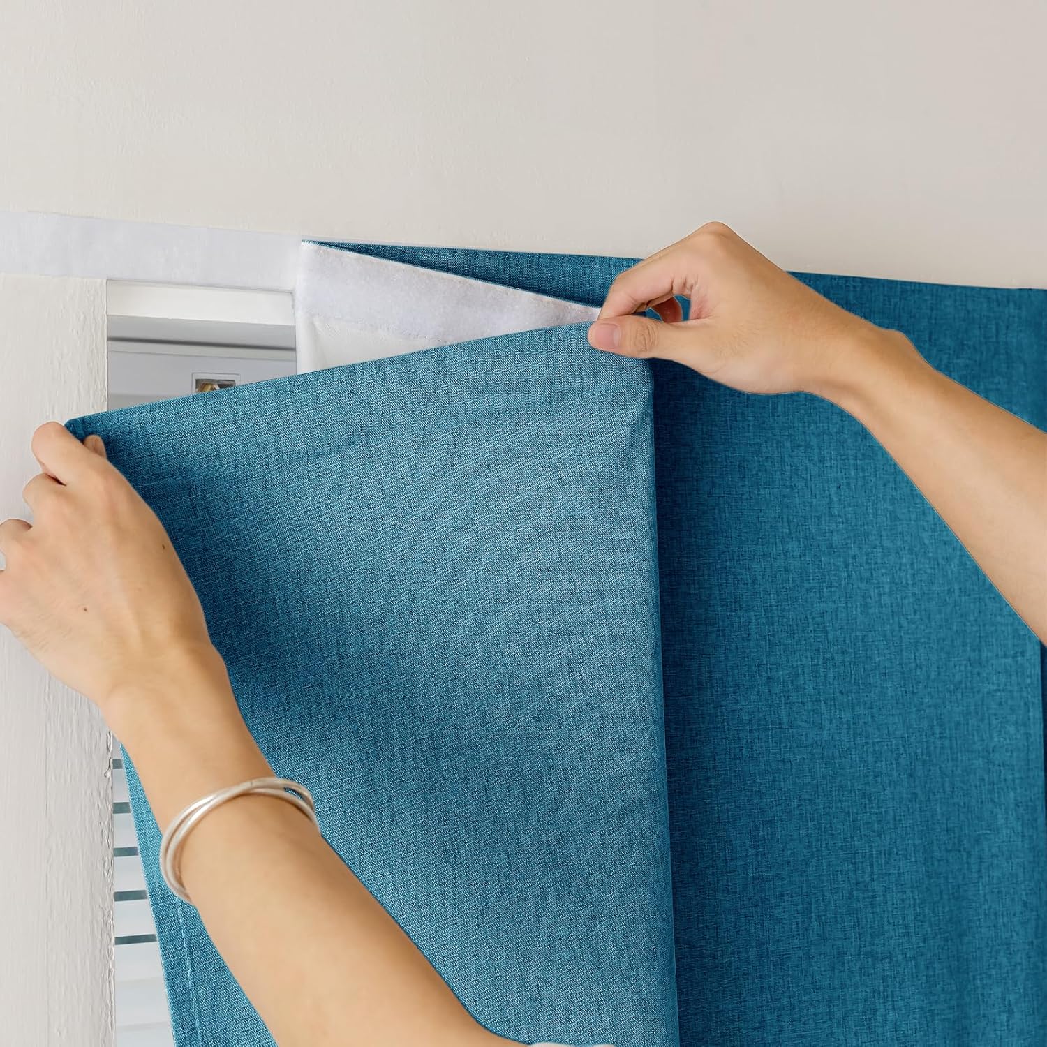 100% Blackout Self Adhesive Curtains, Black Out Shade for Window, Fabric Temporary Window Coverings Easy to Hang Curtains No Rod Needed, Use for Room, Kitchen, W52 x L60 inch, 1 Panel, Stone Blue