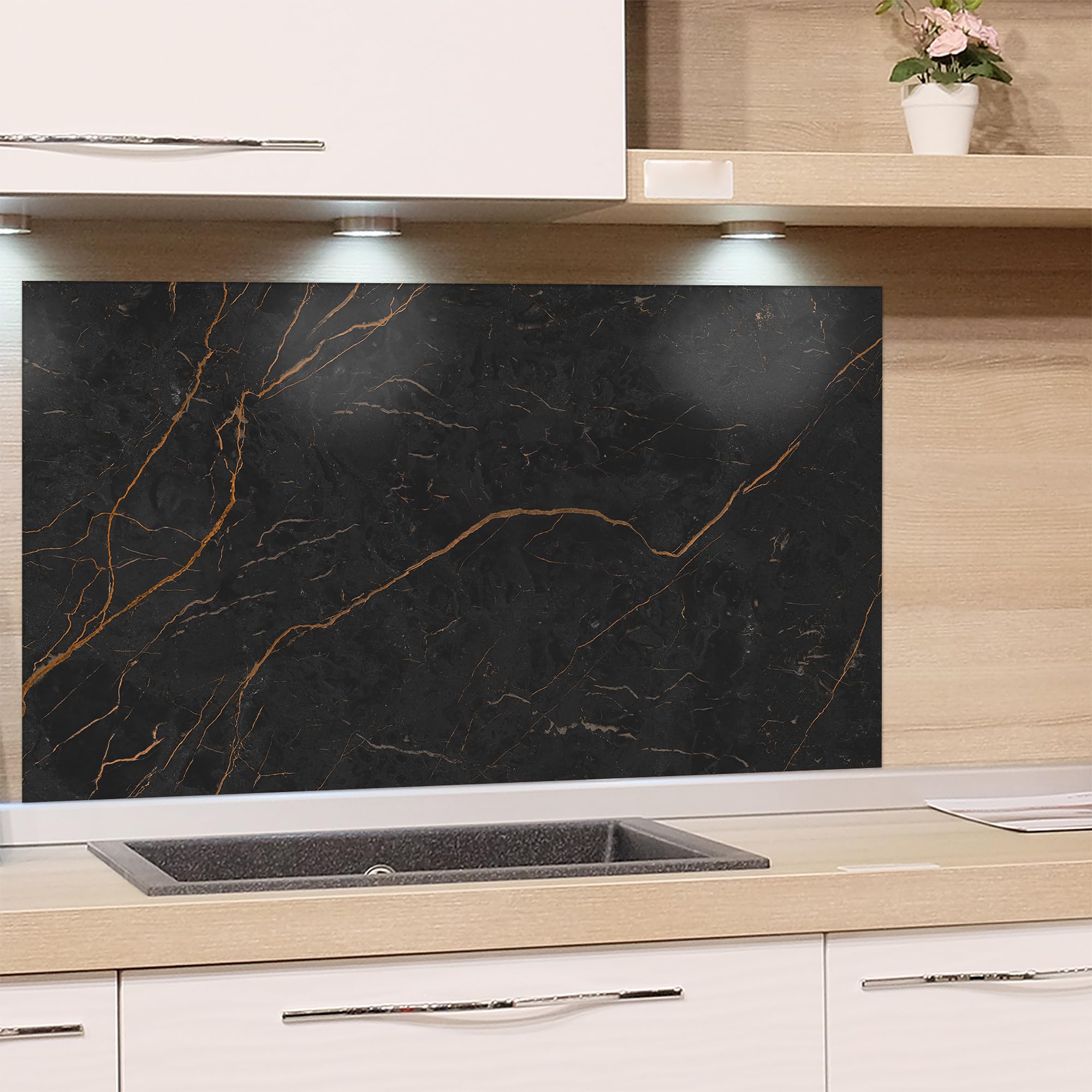 GRAZDesign Paraschizzi da cucina in vetro per cucina e piano cottura, effetto granito nero, 60 x 40 cm