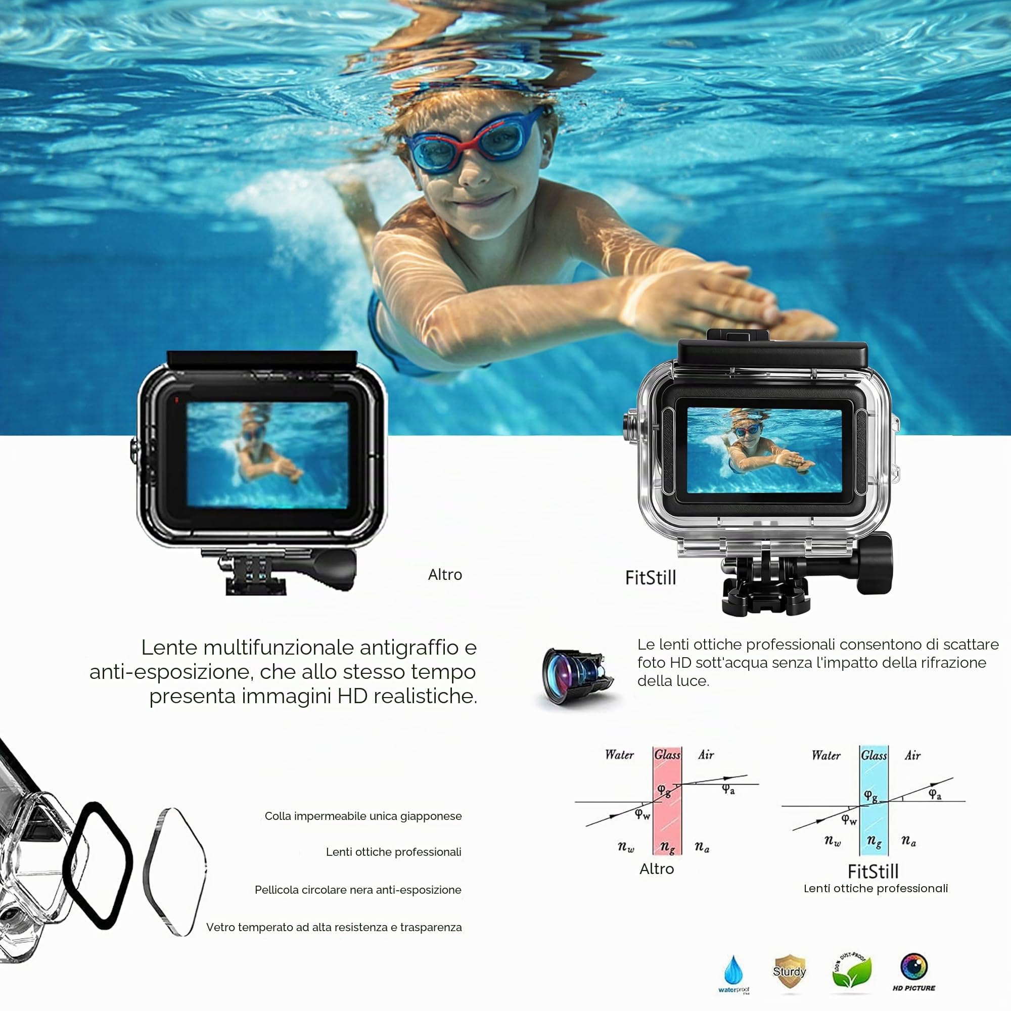 FitStill Custodia impermeabile 60 m per DJI Osmo Action 6, design a doppia scarpa fredda, anello di tenuta ispessito, lente in vetro ottico, accessorio DJI Osmo Action 6