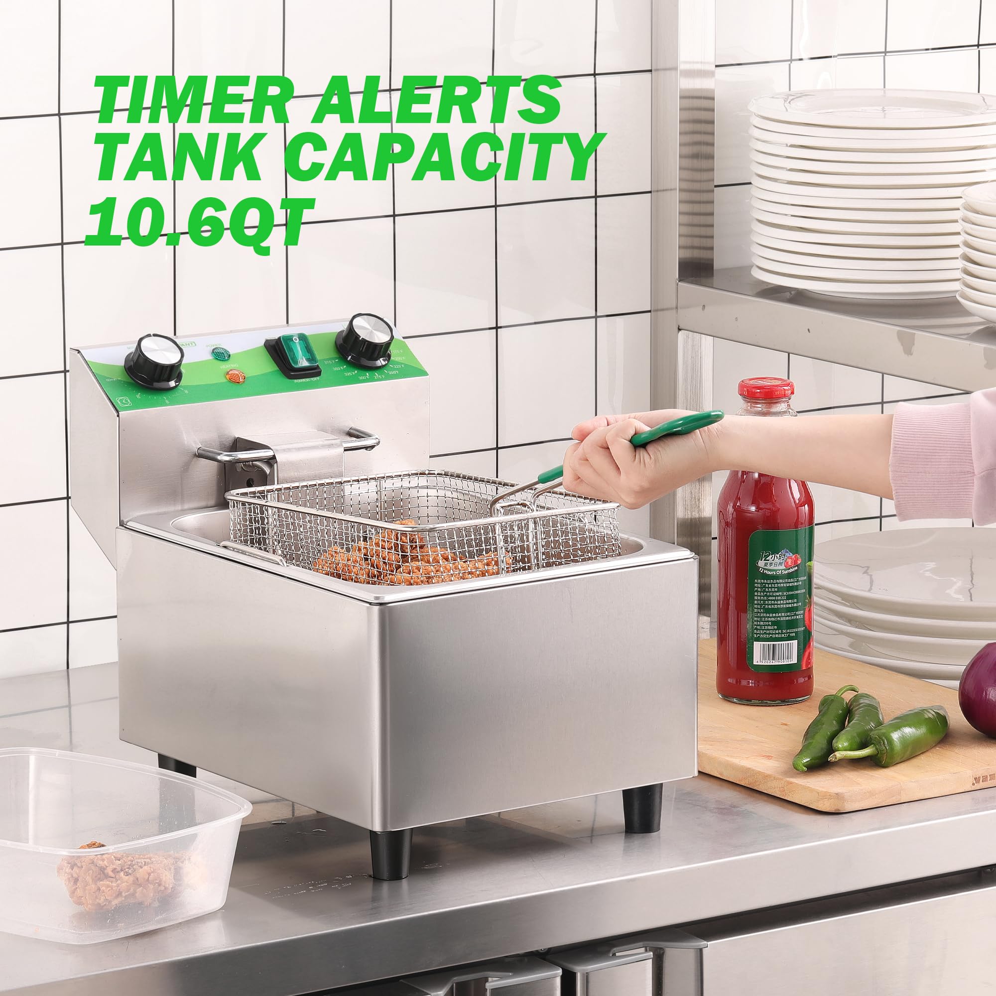 NUPANT Electric Deep Fryer with Timer 10L/10.6QT Commercial Deep Fryer with Basket and Lid, Temp Control, 1700W/110V Stainless Steel Single Oil Fryer Countertop Fryer for Home and Restaurant Use