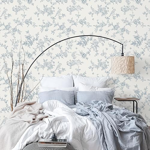 Miniatura 2 de VEELIKE Vintage Blue Toile Wallpaper Peel and Stick Boho Cottage Birds Floral Wallpaper for Bedroom Bathroom 17.7''x118'' Self Adhesive Removable