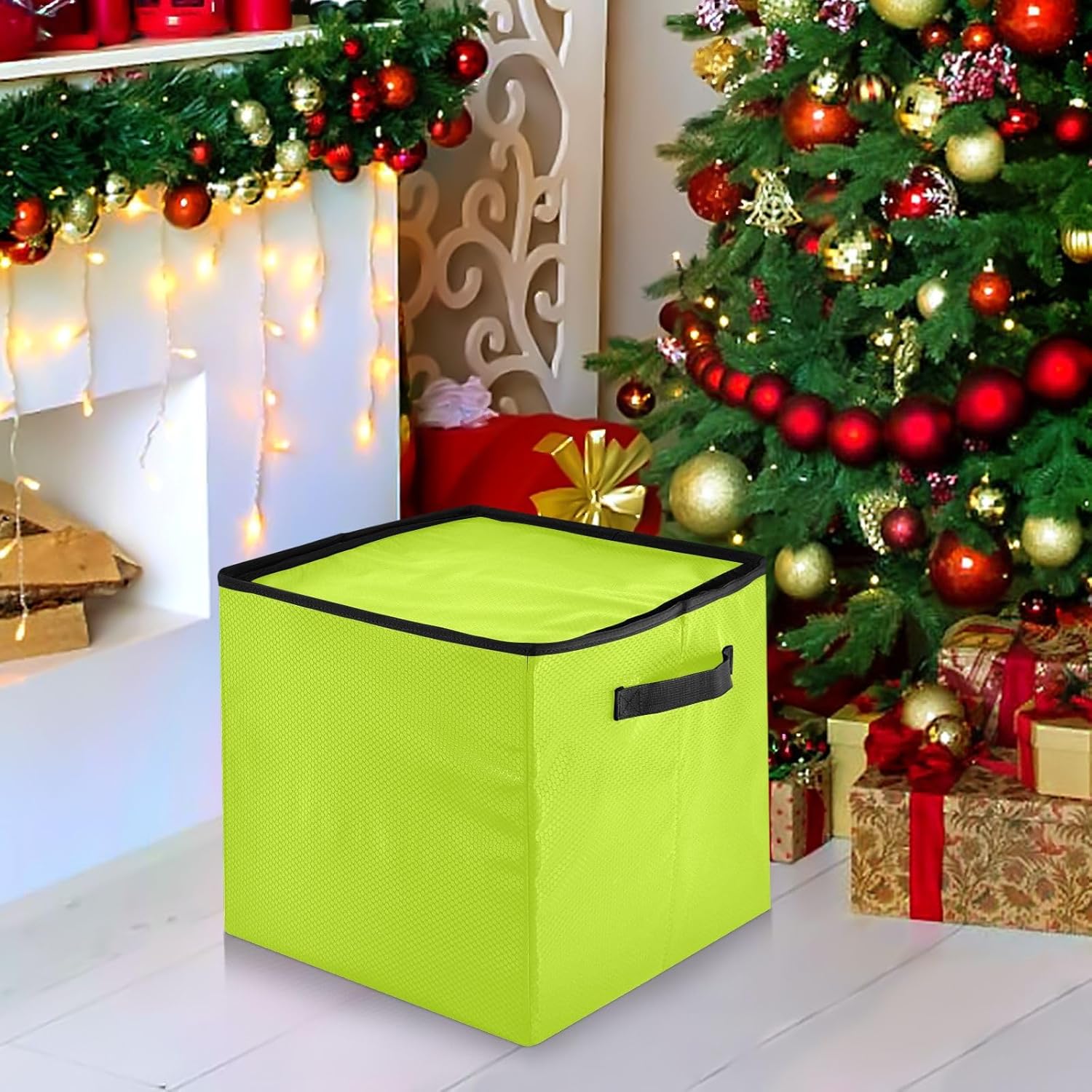 Yellowish Green Solid Color 13 Inch Christmas Ornament Storage Box with Lid - Holiday Decor Storage Containers, Stores 64 Ornaments, 3 Inch Cube Compartments
