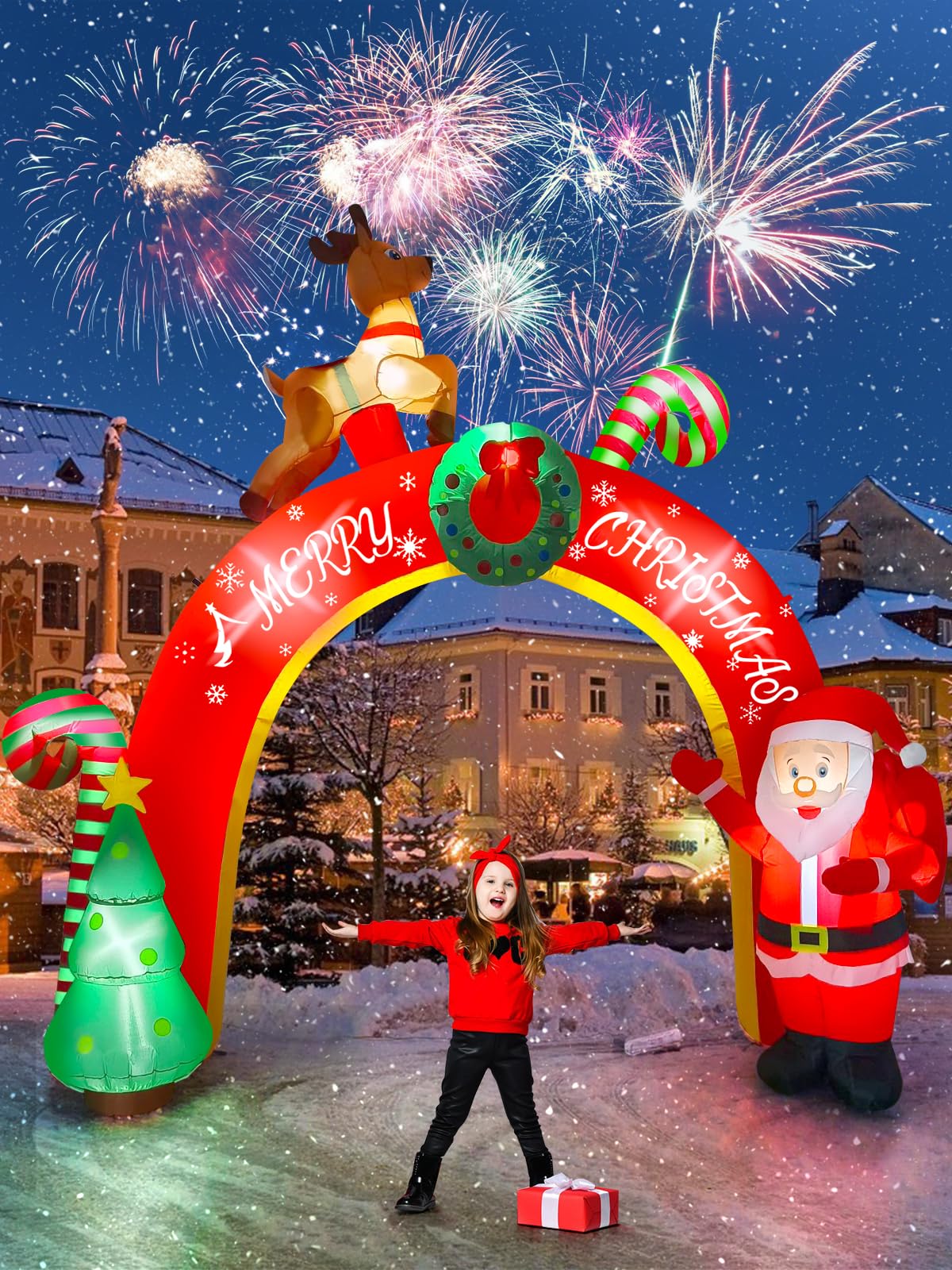 EBANKU 10FT décoration Gonflable de Noël avec des LED intégrées, souffler Yard Santa Claus décoration décoration Archway de Noël décorations gonflables pour la fête d’intérieur, extérieur,