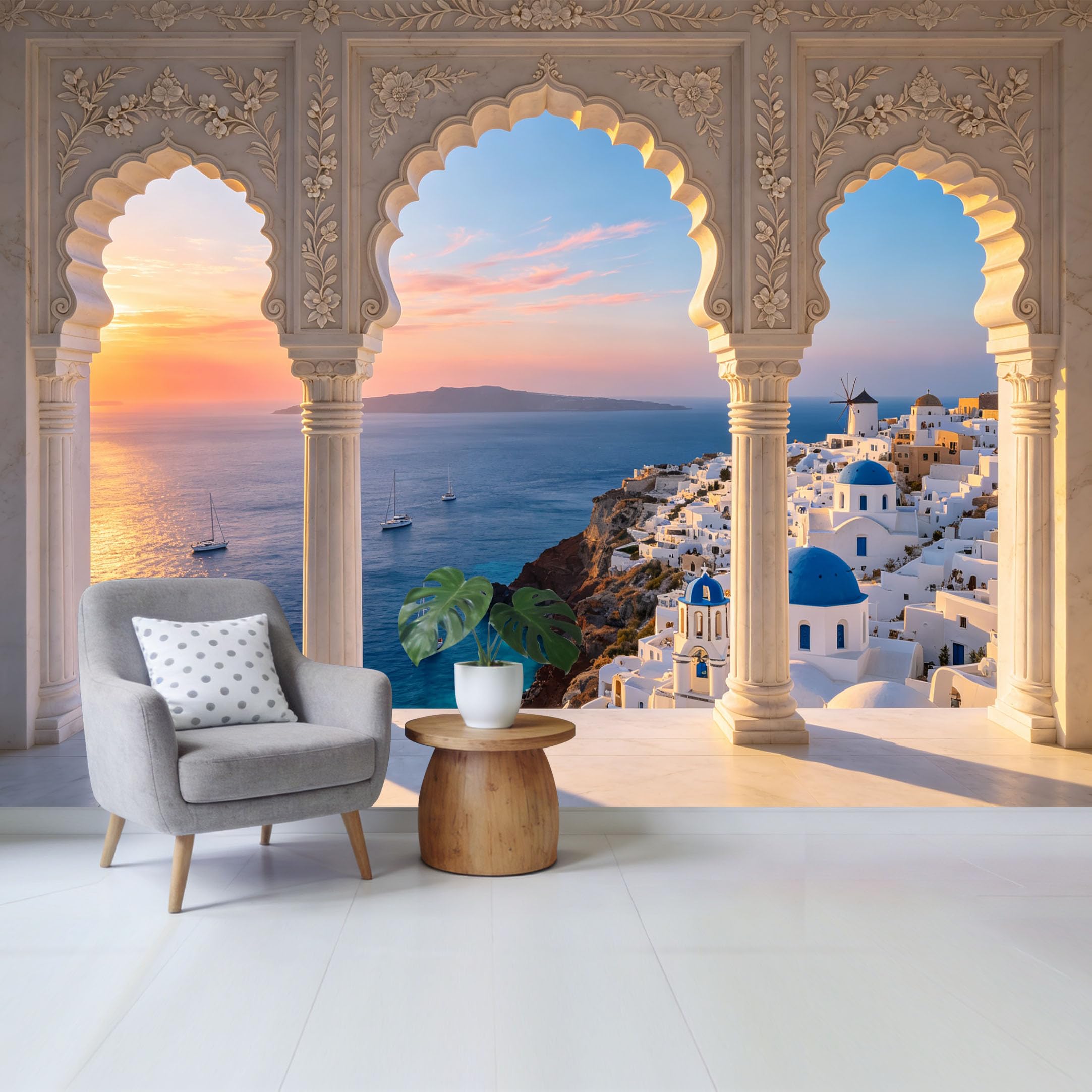 Removable Self Adhesive Fabric Mural， Mediterranean Coastal Sunset View Custom Size Wall Covering， UV Protected Waterproof Washable Wall Decor for Living Room Bedroom Bathroom