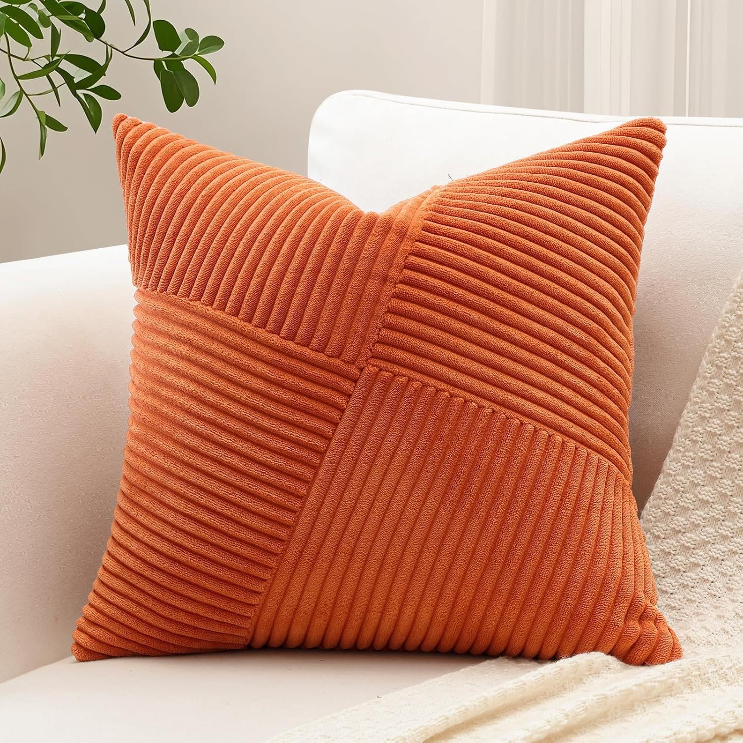 Plancholo Boho Decorative Throw Pillow Cover 18x18 Inch Soft Corduroy Striped Patchwork Windmill Textured Cushion Case for Couch Sofa Bed, Rust