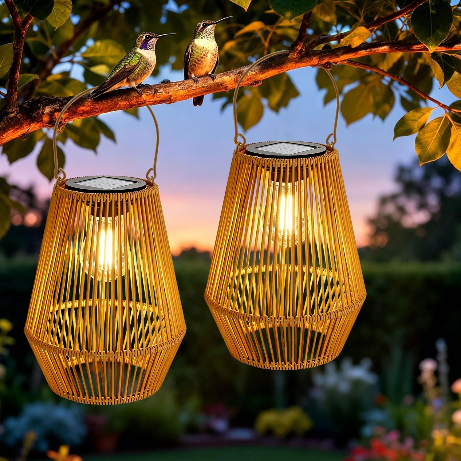 2 lanterne solari per esterni, lampade solari da giardino da appendere, lanterna intrecciata in fibra naturale, lampade solari in stile rattan bohémien, decorazione da giardino per esterni, per