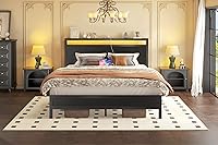 Vista 5 de Fluest Queen Bed Frame with Headboard & Footboard, Bed Frame with Built-in Charging Station & LED Light, Storage Shelf, Noise-Free, No Box Spring