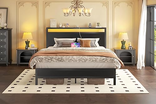 Miniatura 5 de Queen Bed Frame with Headboard & Footboard, Bed Frame with Built-in Charging Station & LED Light, Storage Shelf, Noise-Free, No Box Spring Needed,