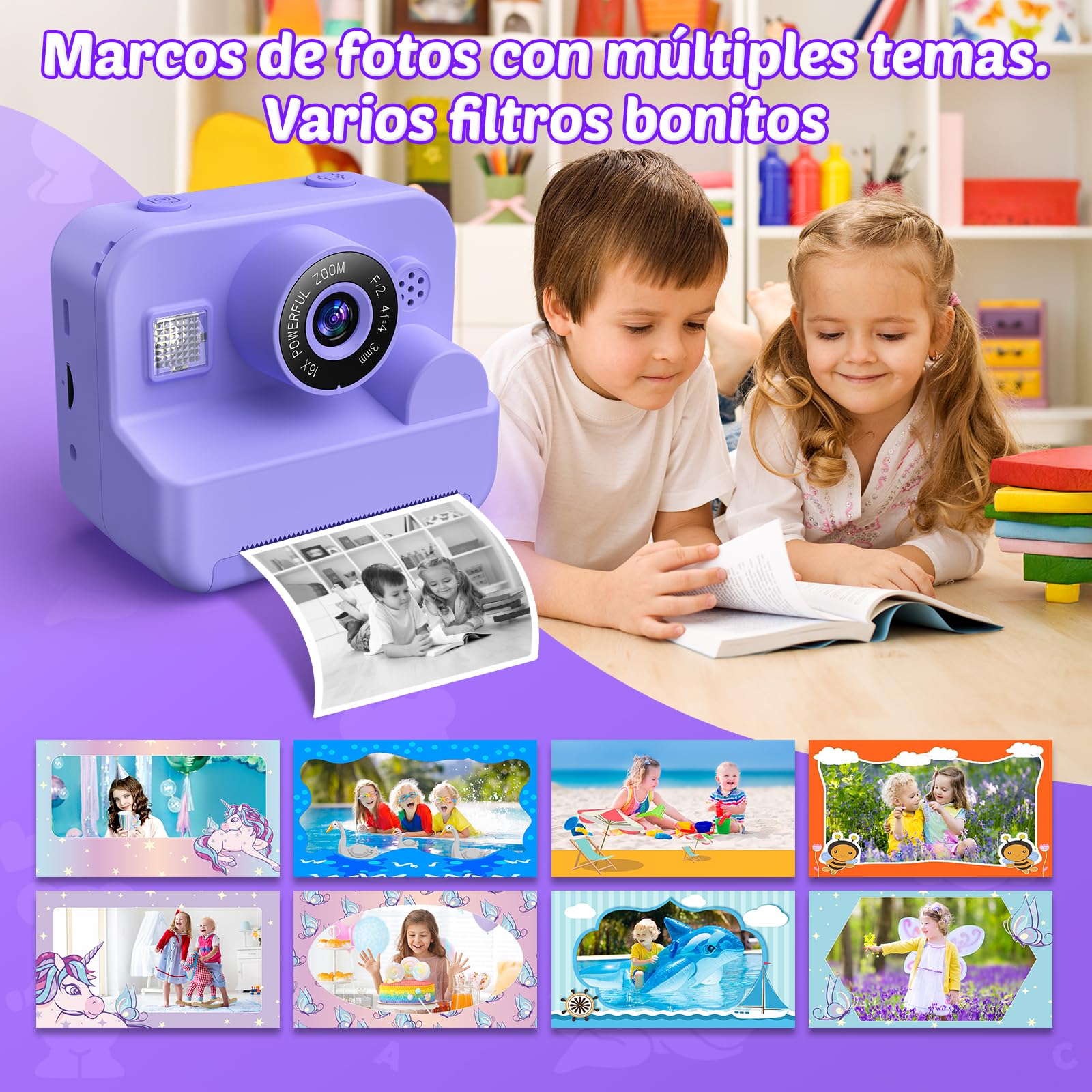 Cámara de Fotos Infantil Instantáneas - 1080P 2.4" Cámara Selfie Instantánea para Niños con Papel de Impresión y Tarjeta 32GB, Juguete Regalo Navidad para Niño y Niña de 3 a 12 Años (Morado)