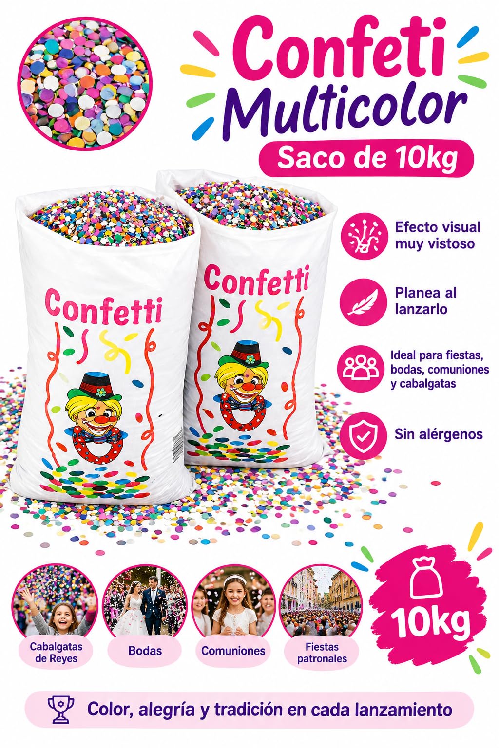 Confeti Multicolor Saco 10kg Papel para Fiestas y Cabalgatas