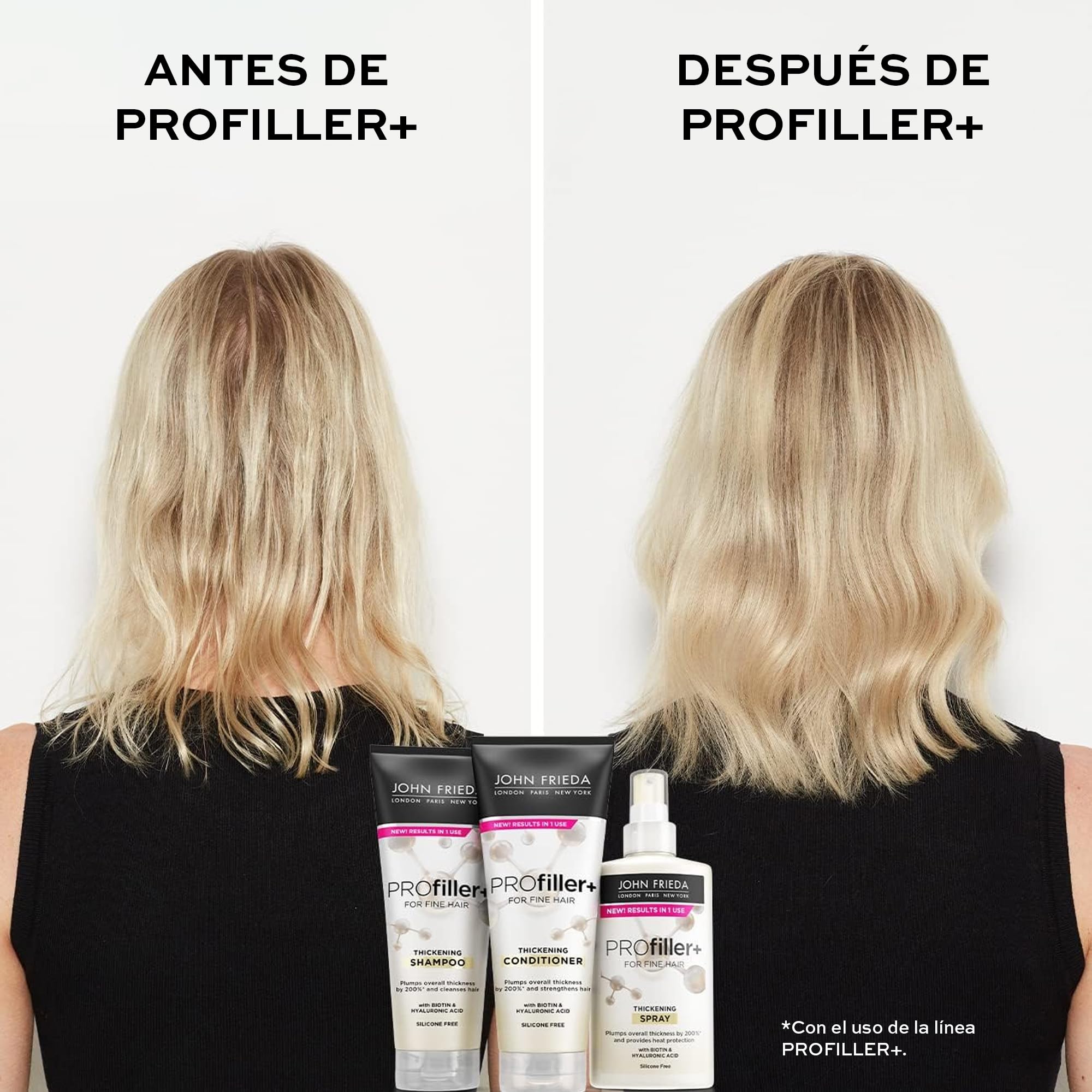 JOHN FRIEDA - Spray Densificador Profiller 150 ml, para Cabellos Finos y Débiles, Fortalece y Densifica, con Biotina y Ácido Hialurónico, Ayuda a Reducir Caída de Cabello Dañado, Protección Térmica