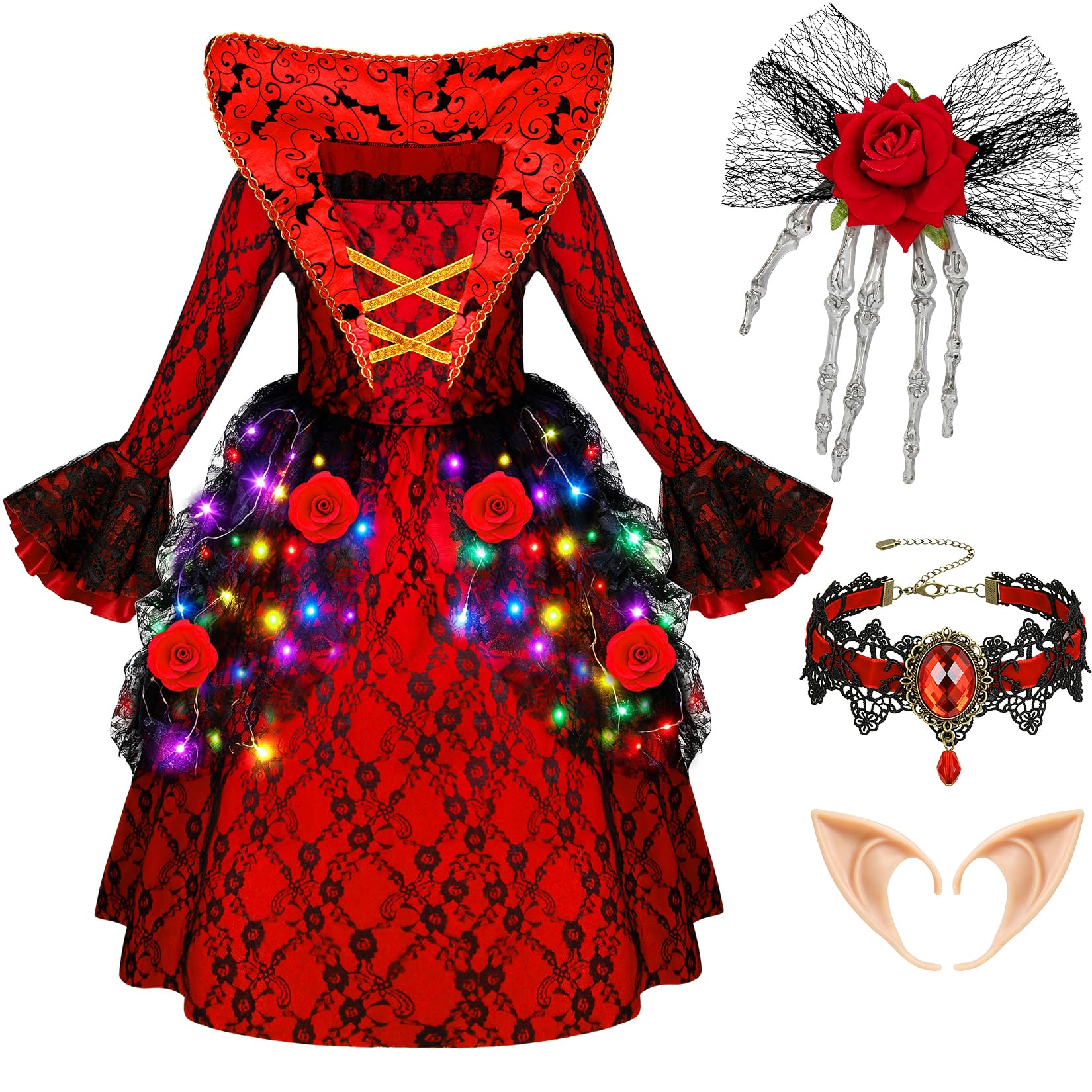 Vampire Costume for Girls with Light Up Dress, Hair Clip, Choker, Ears