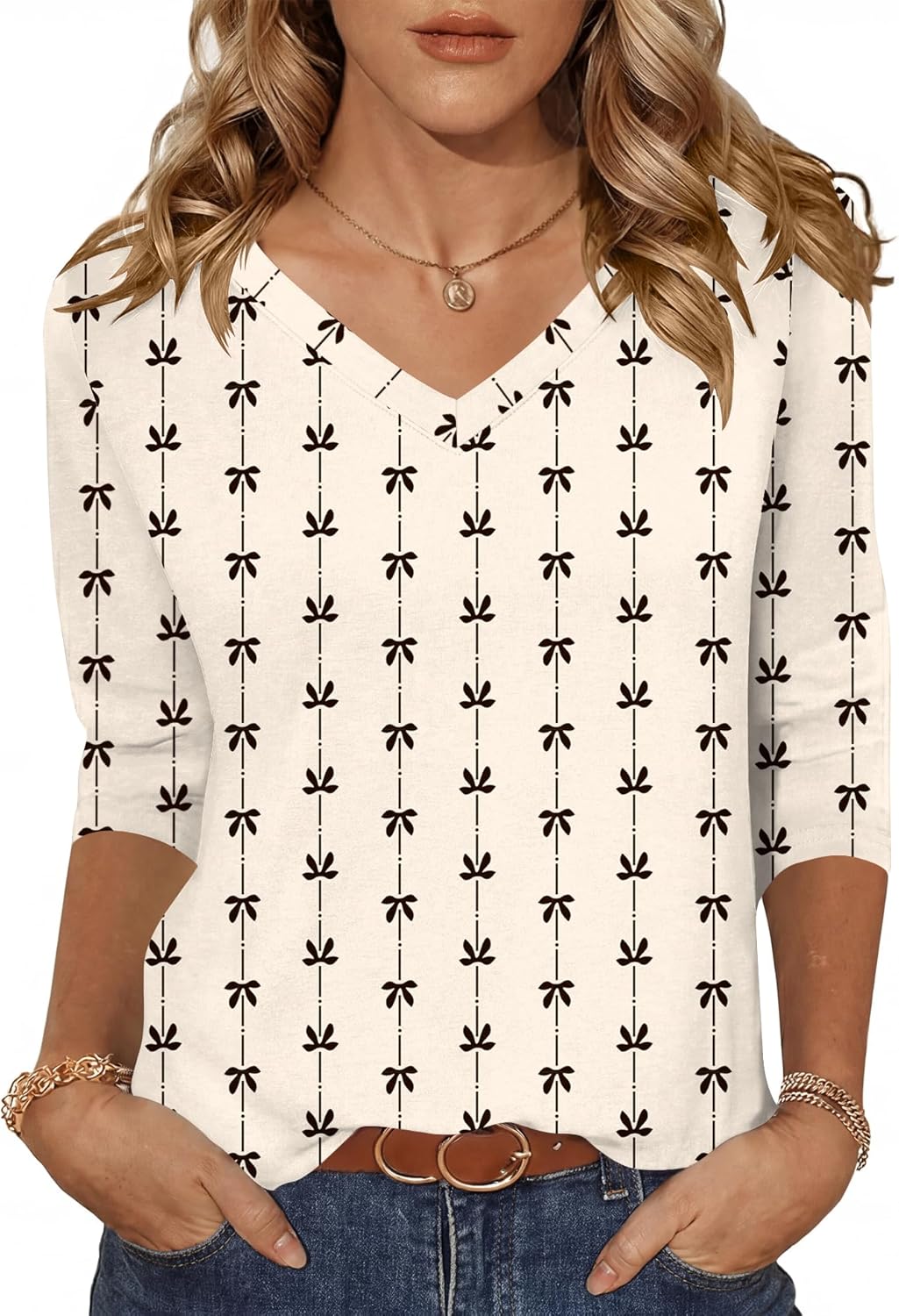 Lomon Women's V Neck T Shirts 3/4 Sleeve Blouse Summer Tops Dressy Casual Basic Tees - Image 2