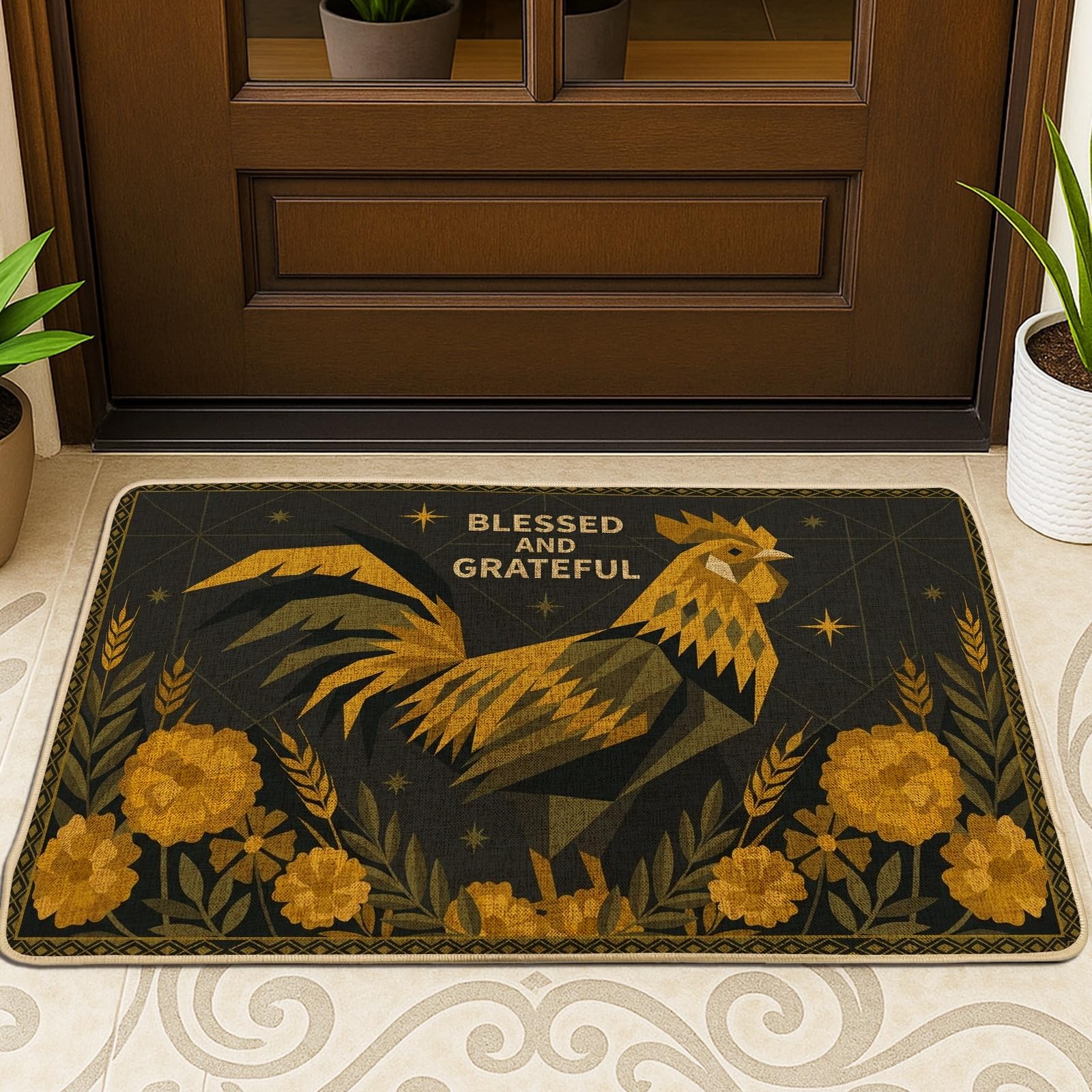 Paillasson de bienvenue coq et fleurs en caoutchouc doré antidérapant 73x43 cm