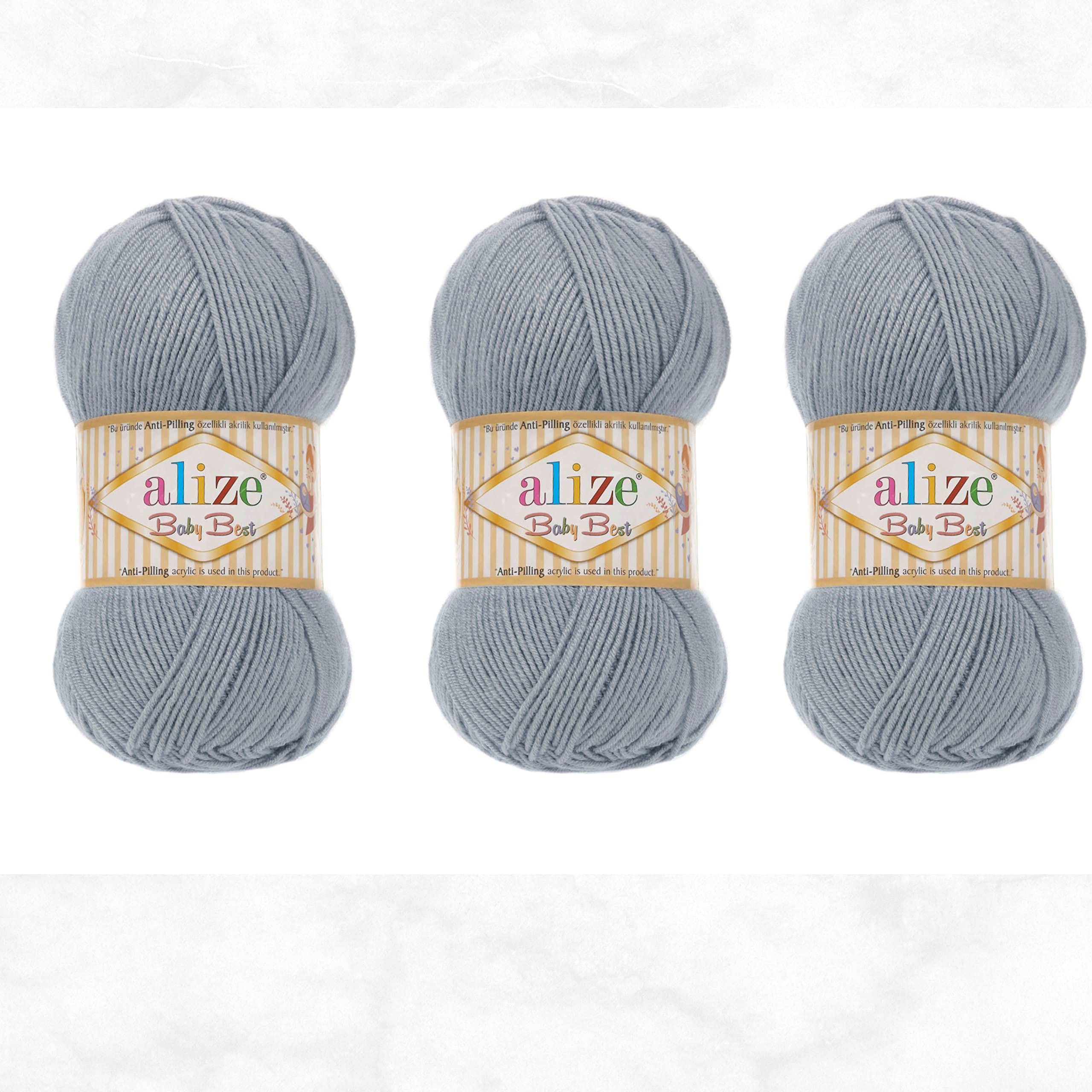 Alize Baby Best Yarn 90% Anti-Pilling Acrylic 10% Soft Bamboo Blend Crochet Hand Knitting Art Lot of 3 Skeins 300gr 786yds (3 Pack, Silver Grey - 119)