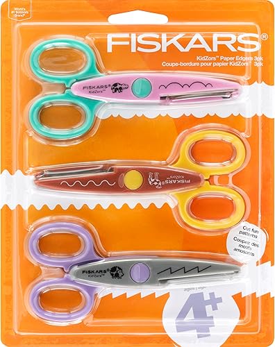 Fiskars Tijeras artesanales para niños, borde decorativo con patrón de animales de zoológico, diseño en zigzag, edades de 4 a 7 años, paquete de 3
