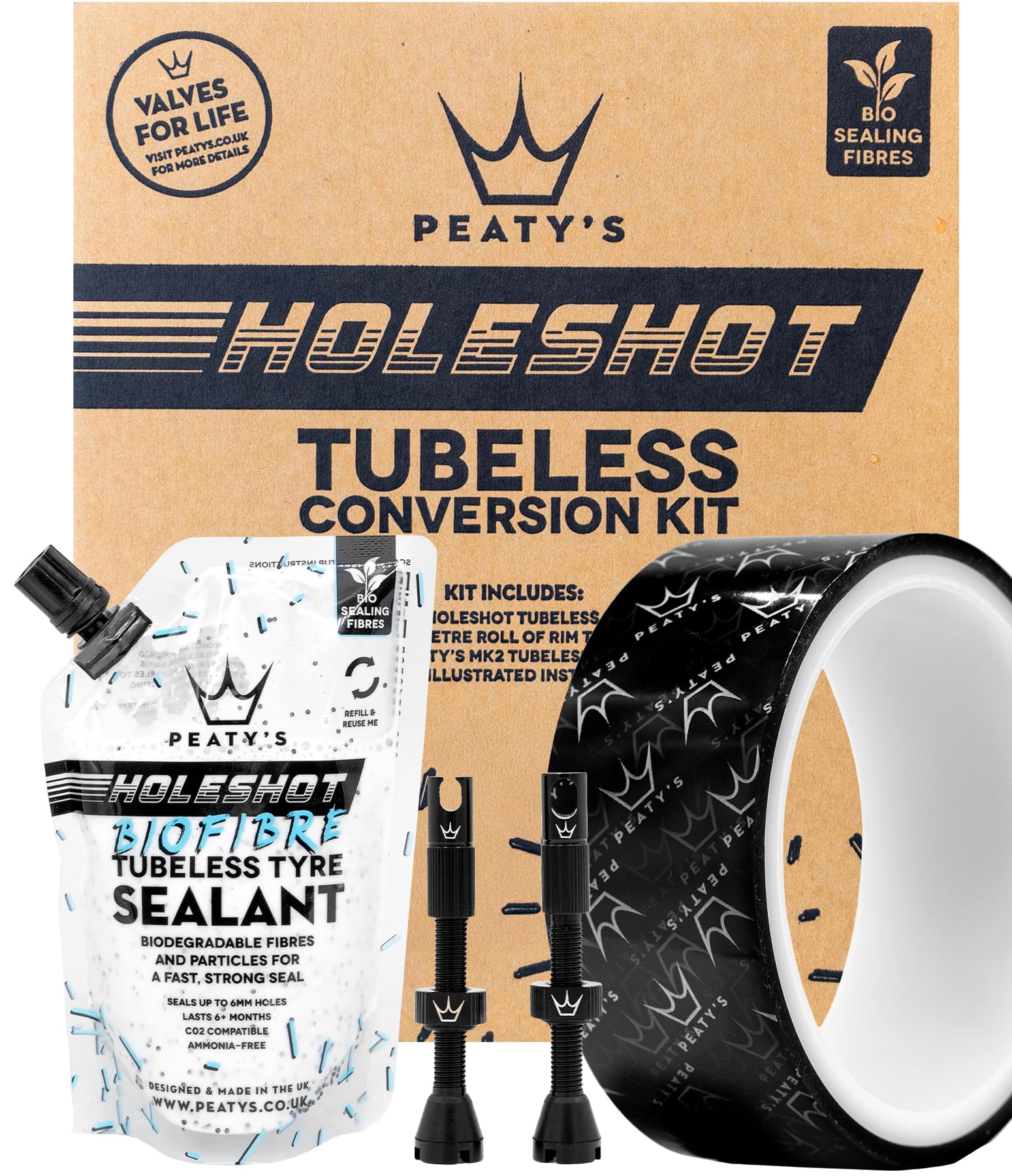 Peaty's Kit di conversione ruote tubeless – Kit Enduro, DH, Gravel & Road Bike – Include: valvole tubeless, nastro adesivo e sacchetto sigillante per pneumatici in biofibra – Guida passo passo per la