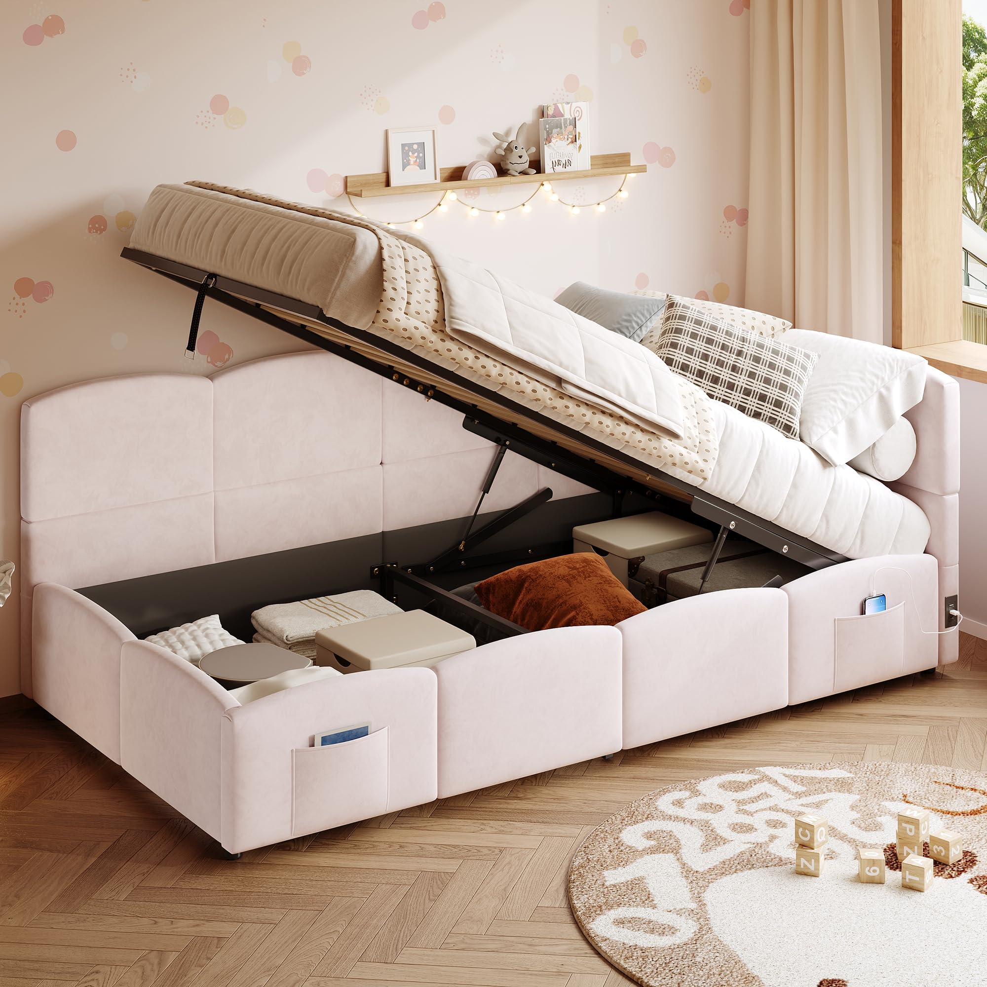 ModernLuxe Upholstered Sofa Bed with Hydraulic Storage, 3FT Single Ottoman Bed Frame with Slatted Base and USB Charging Port, Children's Daybed, Velvet Pink, 90×190cm (No Mattress)