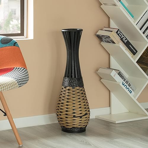 Miniatura 5 de Jarrón de piso estilo trompeta antiguo, para entrada o sala de estar, cuerda de bambú, marrón 28 pulgadas de alto, QI004081