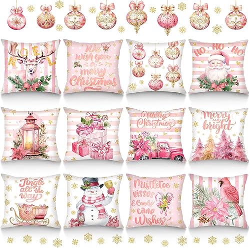 Miniatura 1 de 12 fundas de almohada decorativas de Navidad de 18 x 18 pulgadas, diseño de rayas de Papá Noel, muñeco de nieve, copo de nieve, feliz árbol de