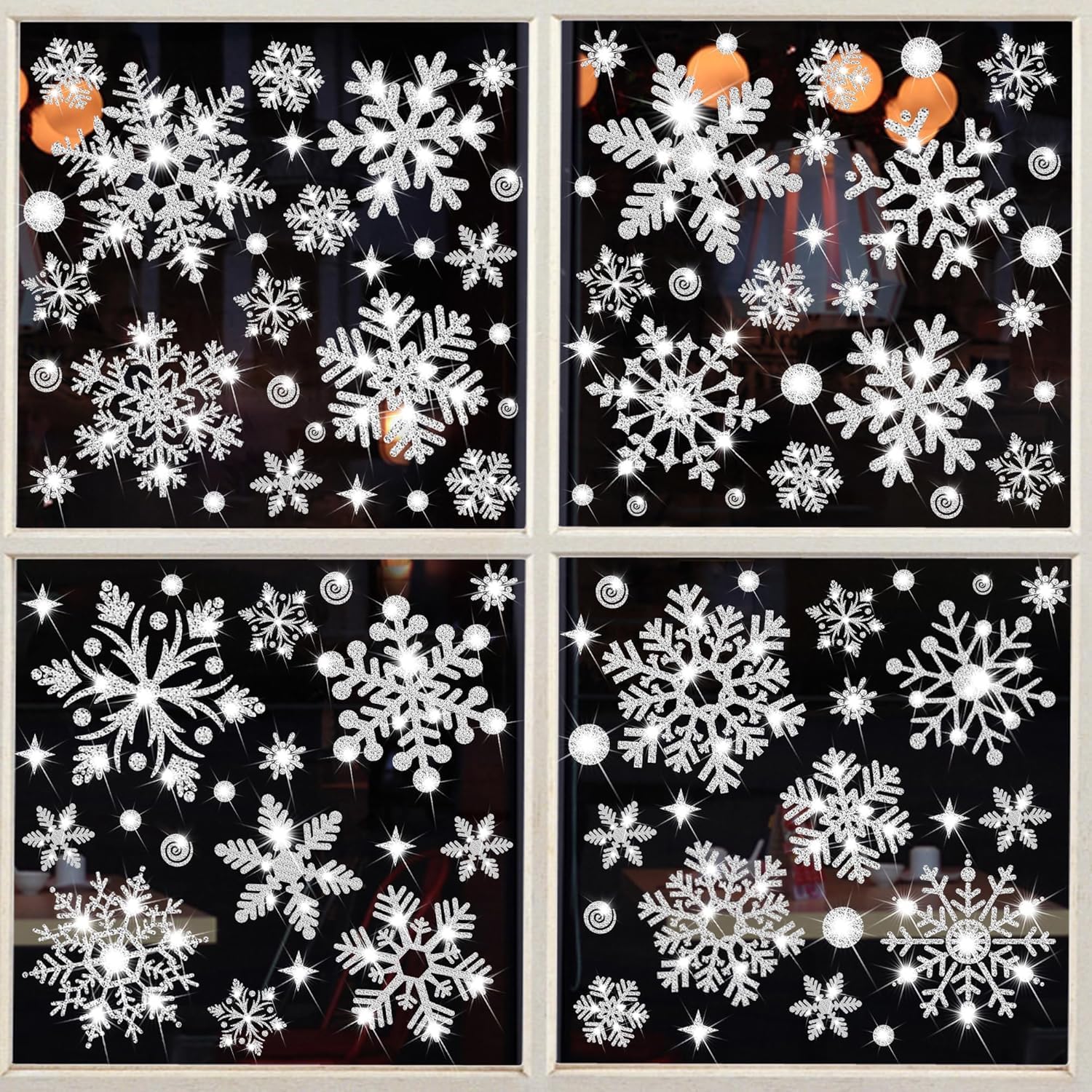 Glitter Snowflake Window Clings, 147PCS Silver Sparkling X MAS Window Clings Winter Wonderland Decorations for Home Christmas Party