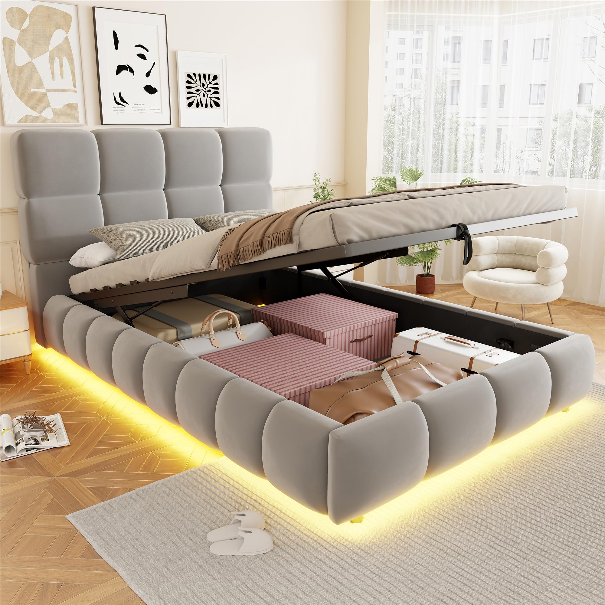 Łóżko tapicerowane 90 x 200 cm z hydrauliczną przestrzenią do przechowywania i wyściełanym zagłówkiem, pojedyncze i młodzieżowe z aksamitnym obiciem i zintegrowanym stelażem, bez materaca, szare