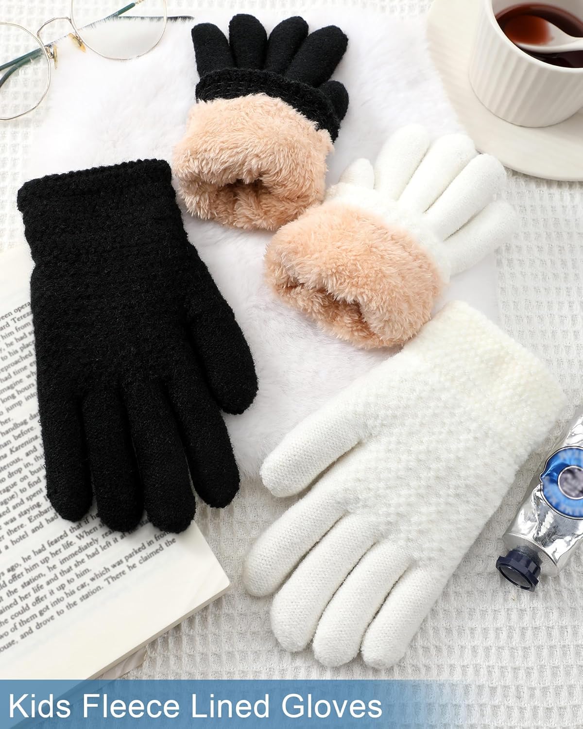 Chuarry 2 Pairs Kids Fleece Lined Gloves Winter Thick Warm Thermal Cable Knit Gloves for 6-10 Years Boys Girls - Image 4