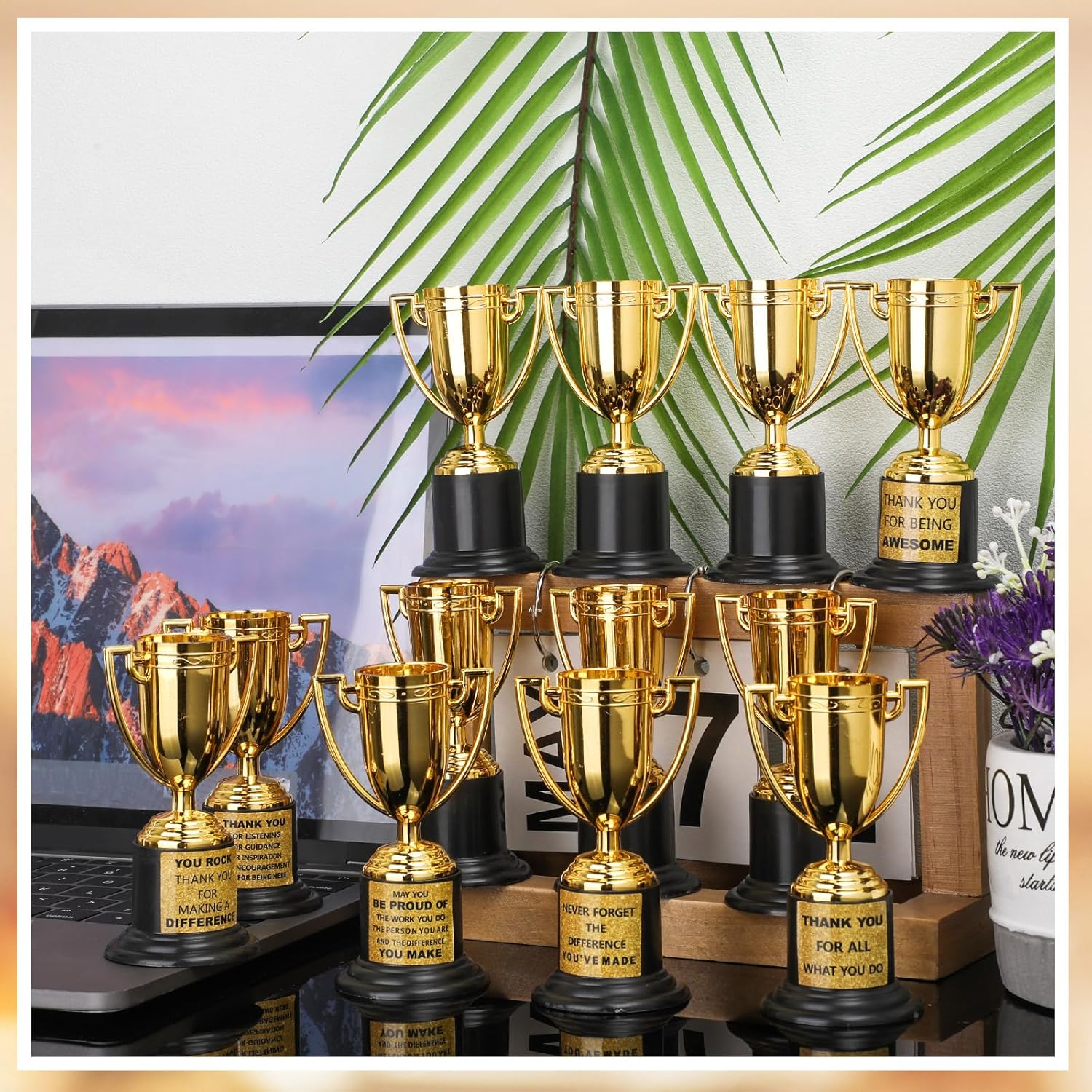 Highergo 24 Pcs Mini Trophies Awards Plastic Gold Trophy Cups Party Favors Adults Metal Trophy with Stickers for School Football Golf Sports Competition Staff Reward Appreciation Gifts
