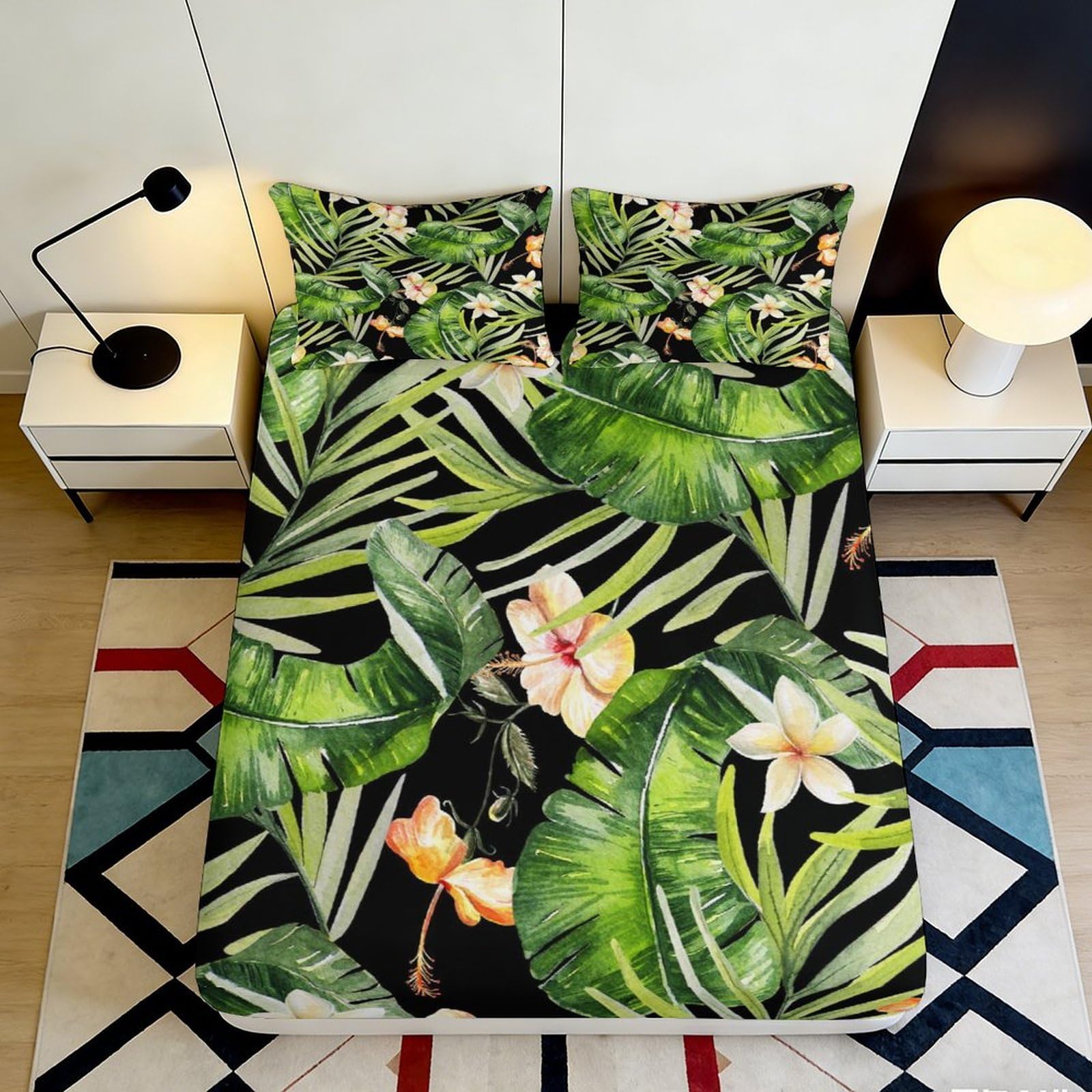 3D Printed Tropical Leaves Fitted Sheet Microfiber Deep Pocket Bedroom Bedding Tropical Mattress Fitted Cover Washable 200x200x25cm 90x200x25cm