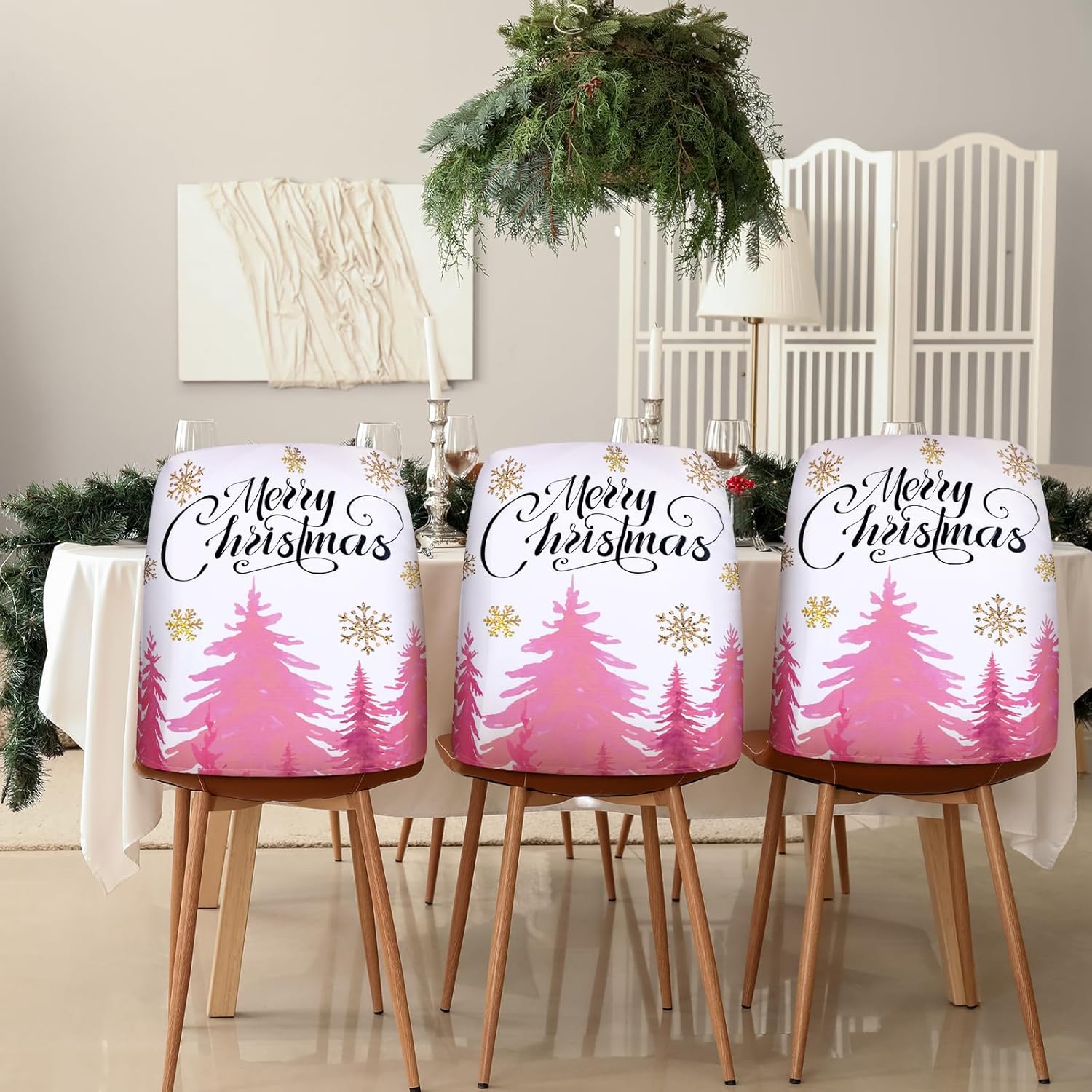 WovWeave 6 Pcs Pink Christmas Chair Covers Merry Christmas Dining Chair Slipcovers Stretch Seat Covers for Chair for Dining Room Kitchen Wedding Hotel Xmas Holiday Party Decor Banquet 23.62 x 19.69 in
