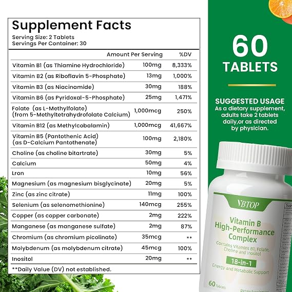 Vitamin B Complex, with Vitamins B1, B2, B3, B5, B6, B12, folic Acid, Choline, zinc, Calcium, inositol, for Brain and Heart Health, Immune Health, and Cellular Energy Support, 60 Tablets