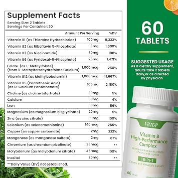 Vitamin B Complex, with Vitamins B1, B2, B3, B5, B6, B12, folic Acid, Choline, zinc, Calcium, inositol, for Brain and Heart Health, Immune Health, and Cellular Energy Support, 60 Tablets