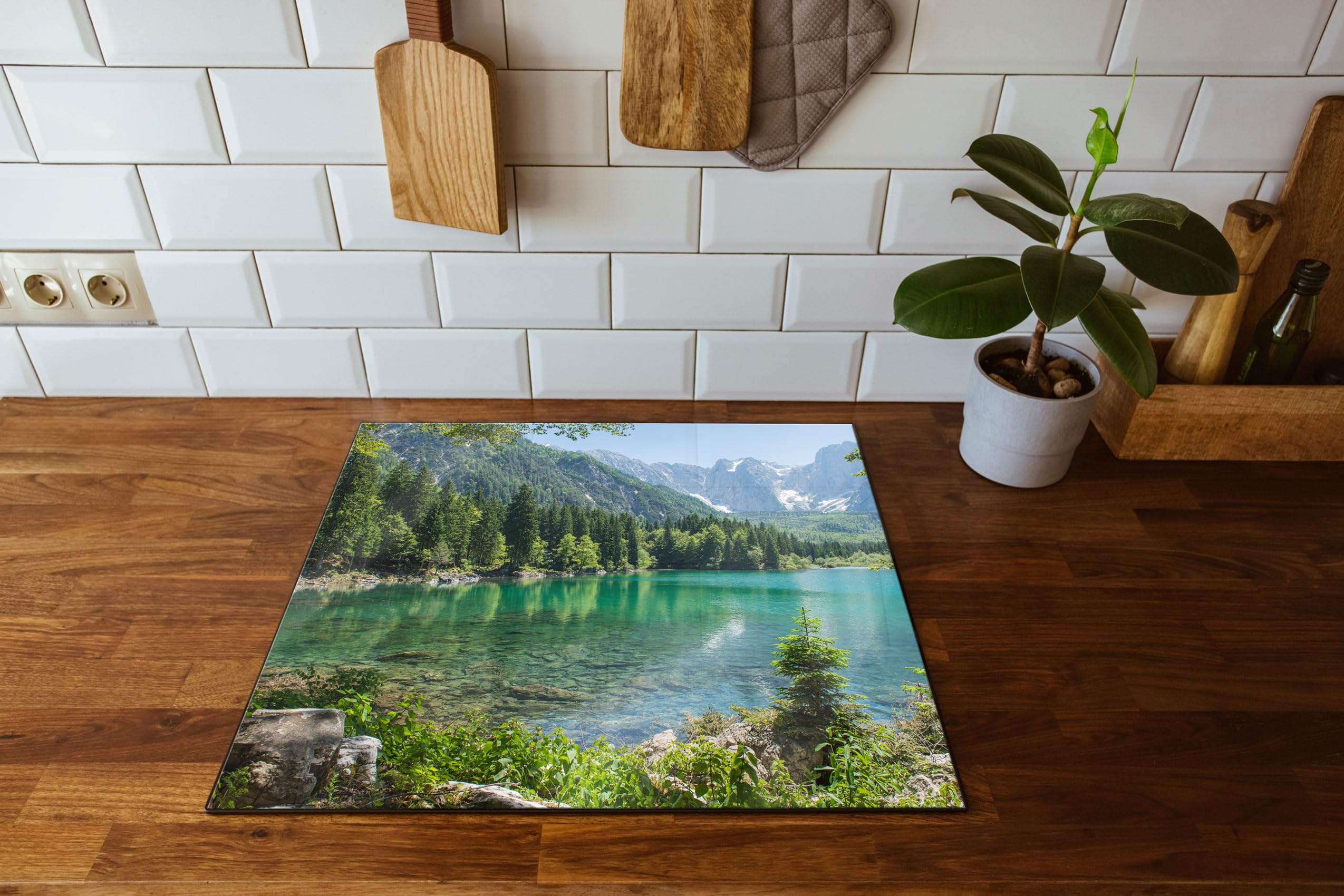 Wunderschöner See im Wald Herdabdeckplatte & Spritzschutz aus Echtglas | Für Herd-Kochfelder | 60x52 cm