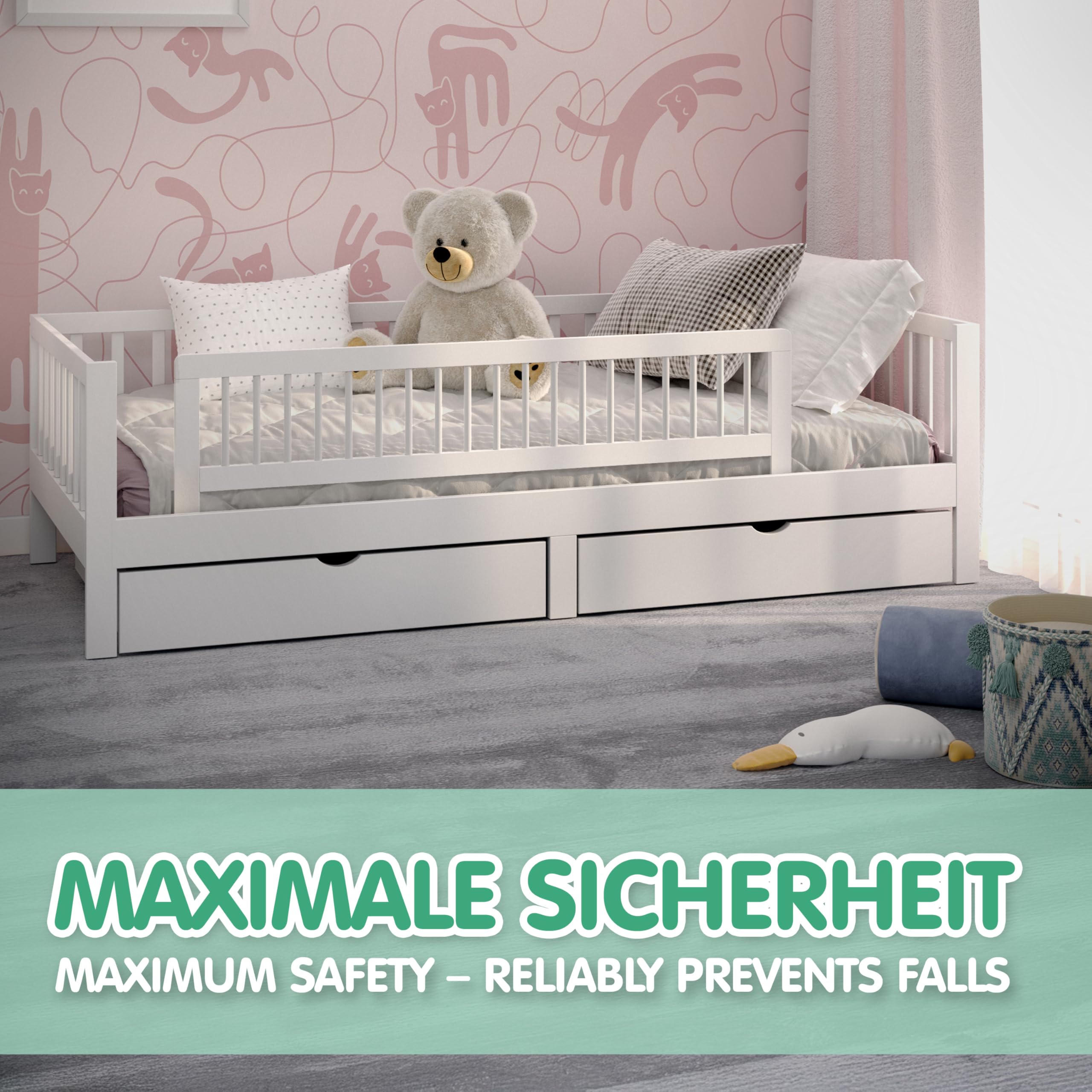CADANI sponda letto per bambini – barriera anticaduta pieghevole in legno massello per letto matrimoniale e letto per bambini, colore bianco, 140 x 40 cm