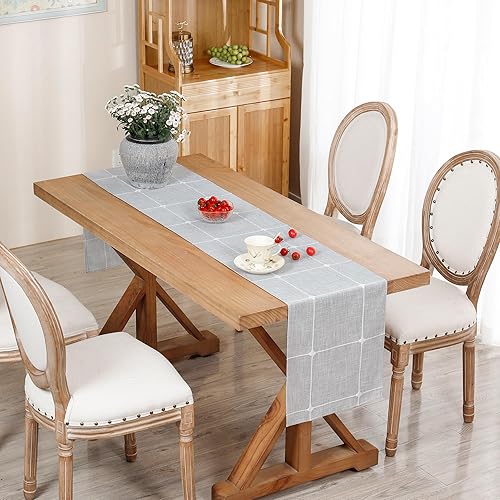 Miniatura 2 de Camino de mesa de lino bordado rústico a cuadros, camino de mesa rectangular a cuadros para comedor, tocador, café, fiesta, decoración de mesa de