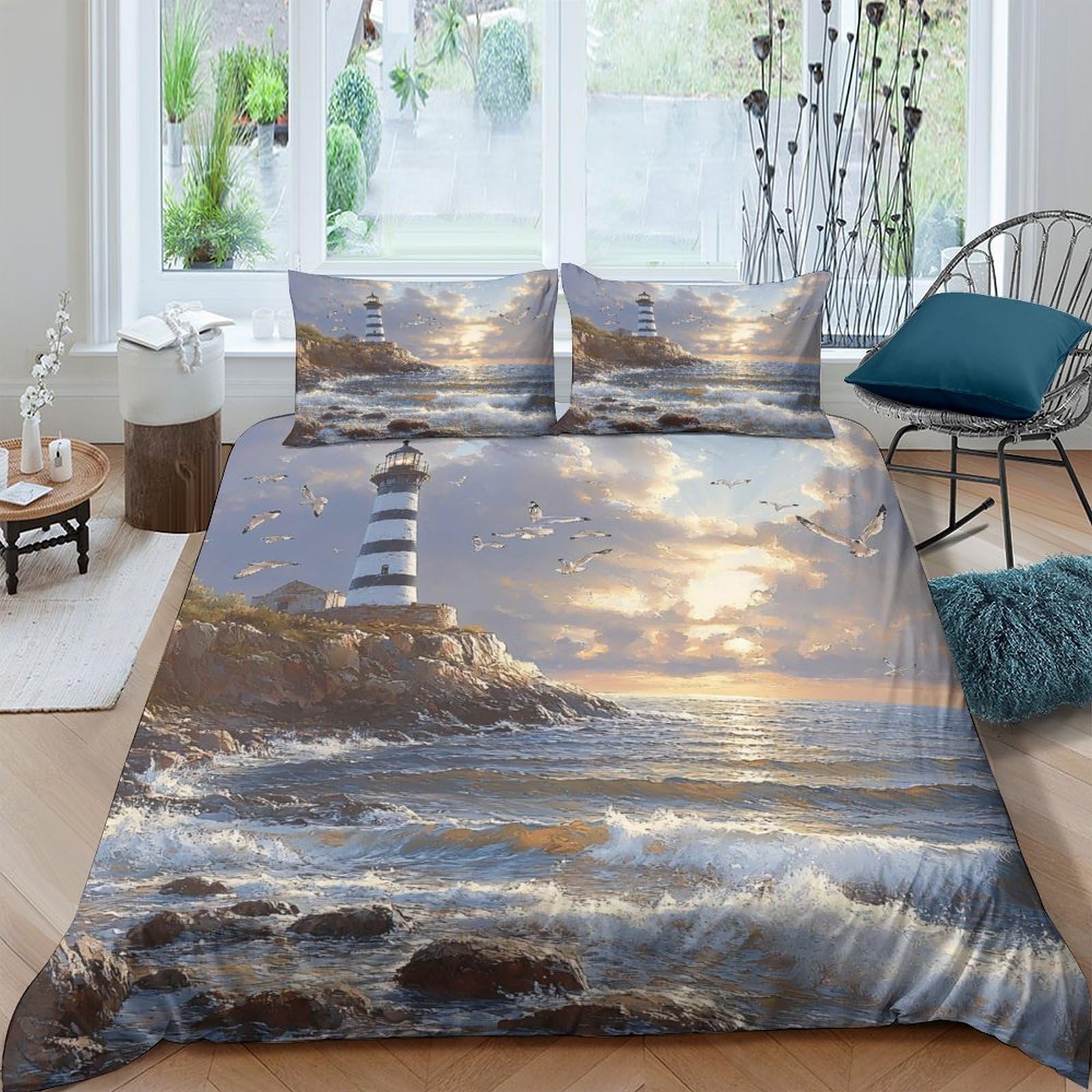 Ctjqhvkz Style-10 3D Printed Lighthouse Seaside Fitted Sheet Microfiber Soft Breathable Sunset Ocean Mattress Cover For Bedroom Dorm Decor Single（135X200cm）