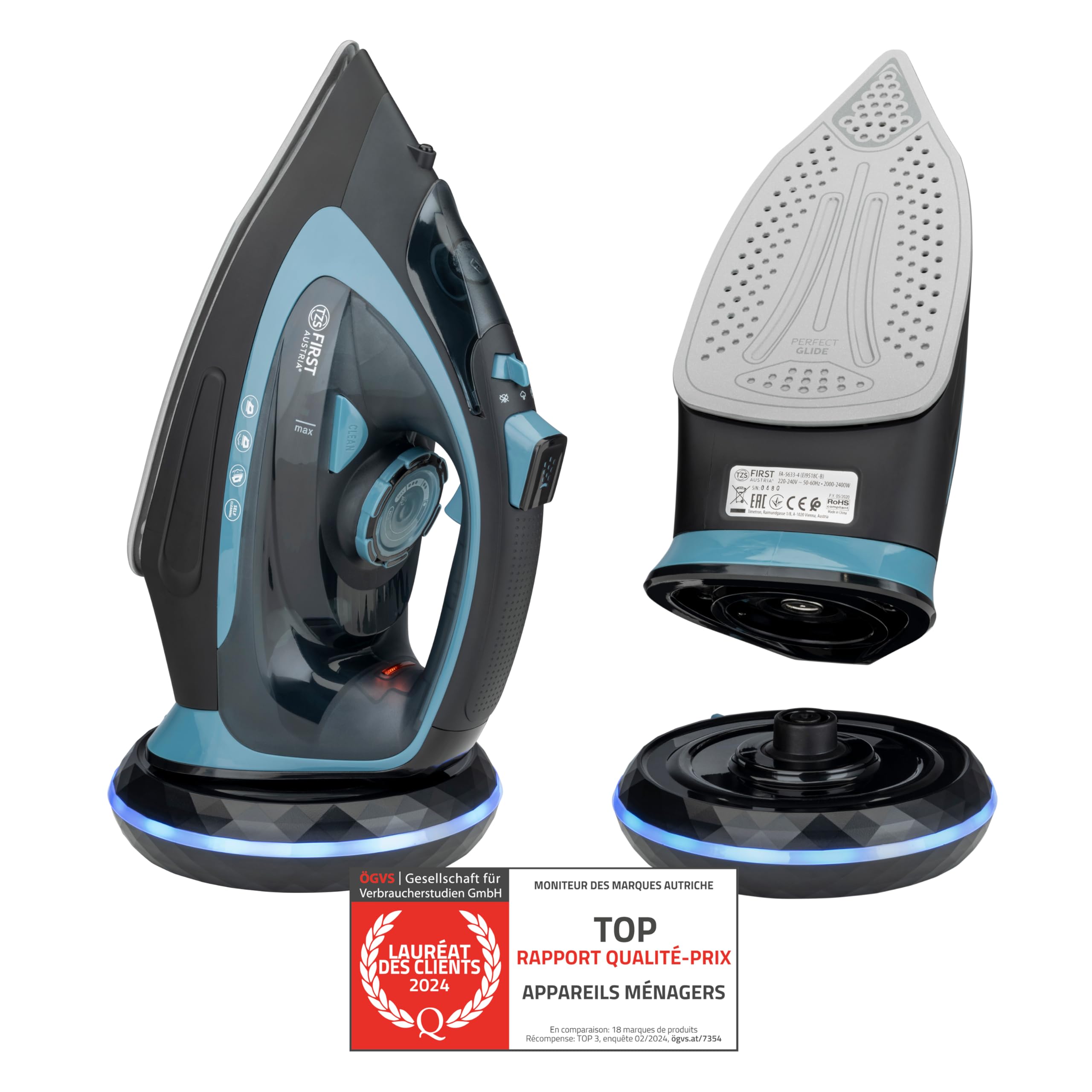 TZS First Austria - Fer à repasser à vapeur sans fil avec station 2400W - Réservoir de 450 ml, système anti-goutte, température et intensité réglables et semelle en céramique - Avec vapeur verticale