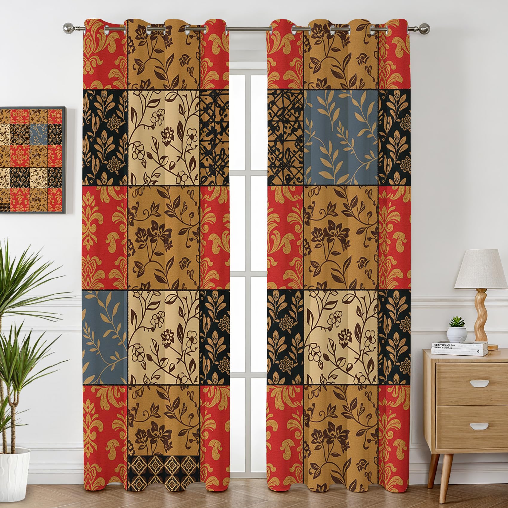 Havenix Multicolour Vintage Patchwork Blackout Curtains for Bedroom Living Room, Rustic Floral Patterned Curtains 90x108, Thermal Insulated Eyelet Drapes for Windows, 2 Panels