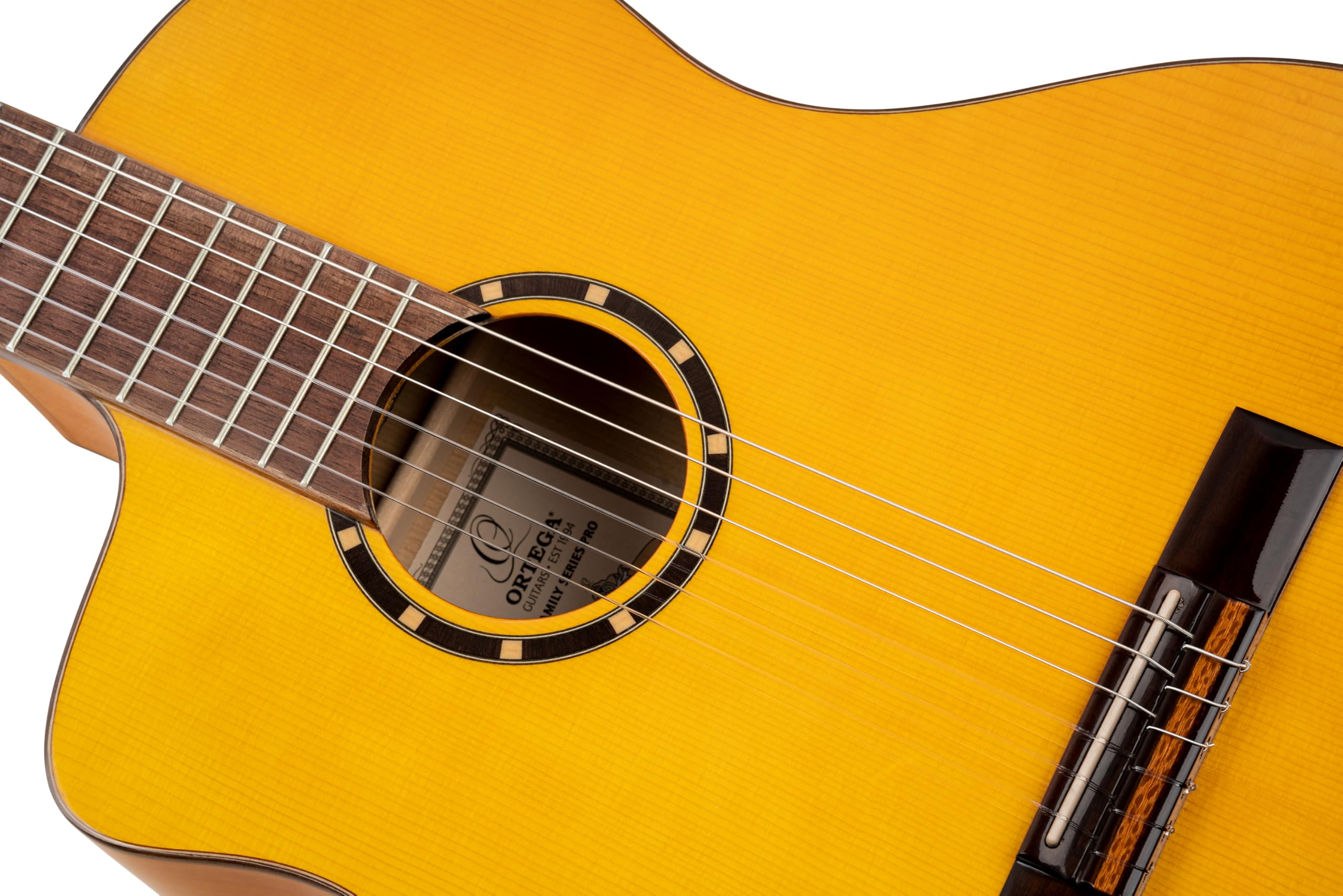 Ortega Guitars Family Series Pro - Guitarra flamenca para zurdos, tamaño 4/4, electroacústica, pícea y ciprés con acabado brillante, color amarillo – Incluye funda (RCE170F-L)
