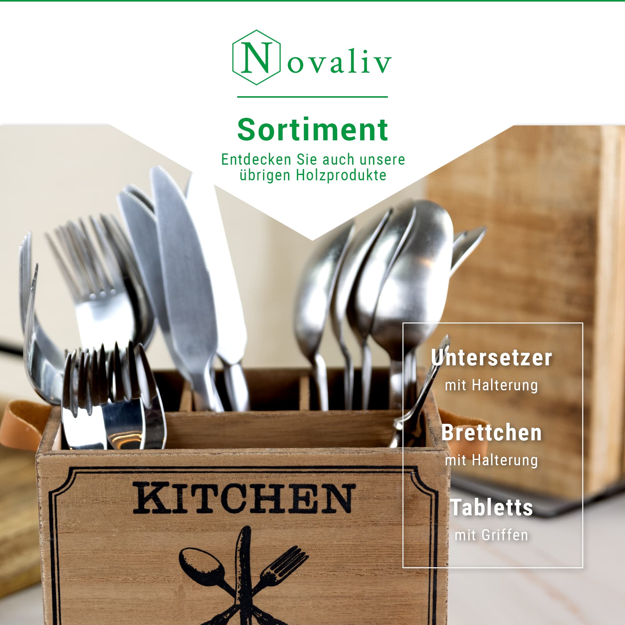 Novaliv 4 soportes para utensilios de cocina con 4 compartimentos y asas de cuero, cesta para cubiertos de madera de alta calidad, 17 x 12,5 x 12,5 cm, bandeja para cubiertos para utensilios de