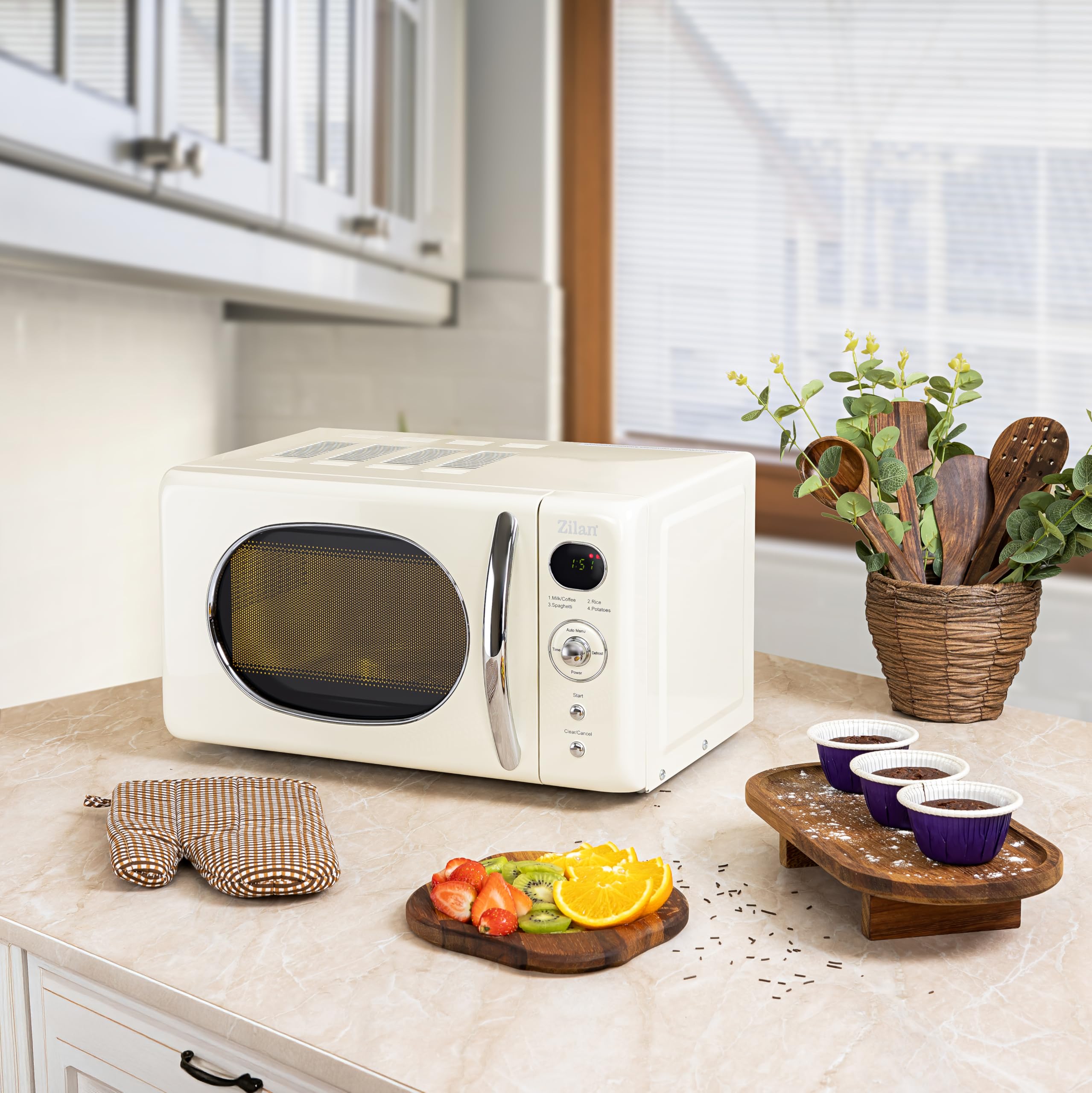 Microonde da 20 l, design retrò, vintage, 6 livelli, con funzione di scongelamento fino a 95 minuti, 4 programmi automatici, illuminazione interna, manico cromato Microwave